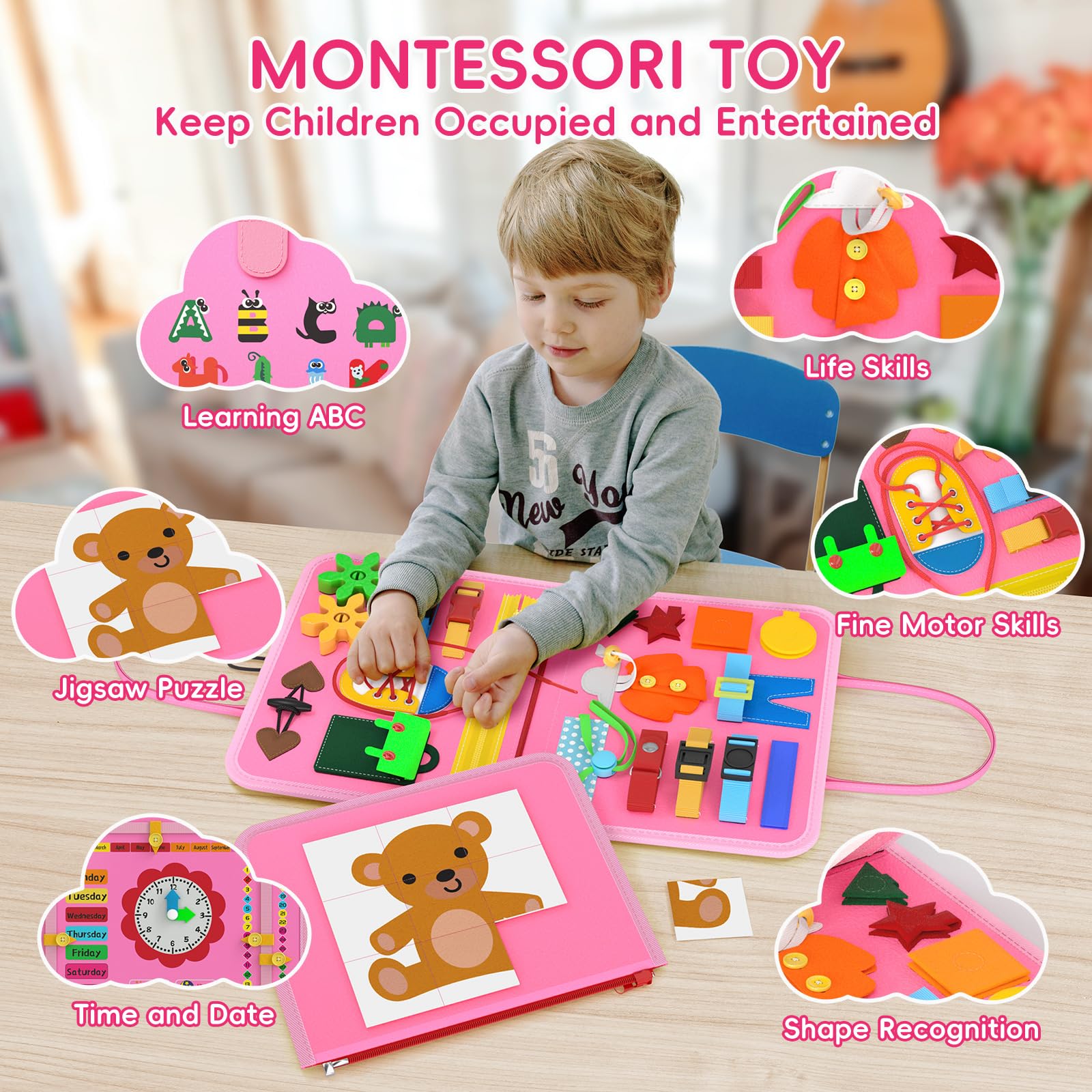 Montessori Busy Board Travel Toys for Toddlers 1-4 Years Old - Educational Learning Activity Toy for Preschool Girls & Boys - Perfect Birthday Gift for 2 3 4 Year Olds (Pink Mermaid Design) - Great for Airplane Travel, Car Rides & Quiet Playtime at Home