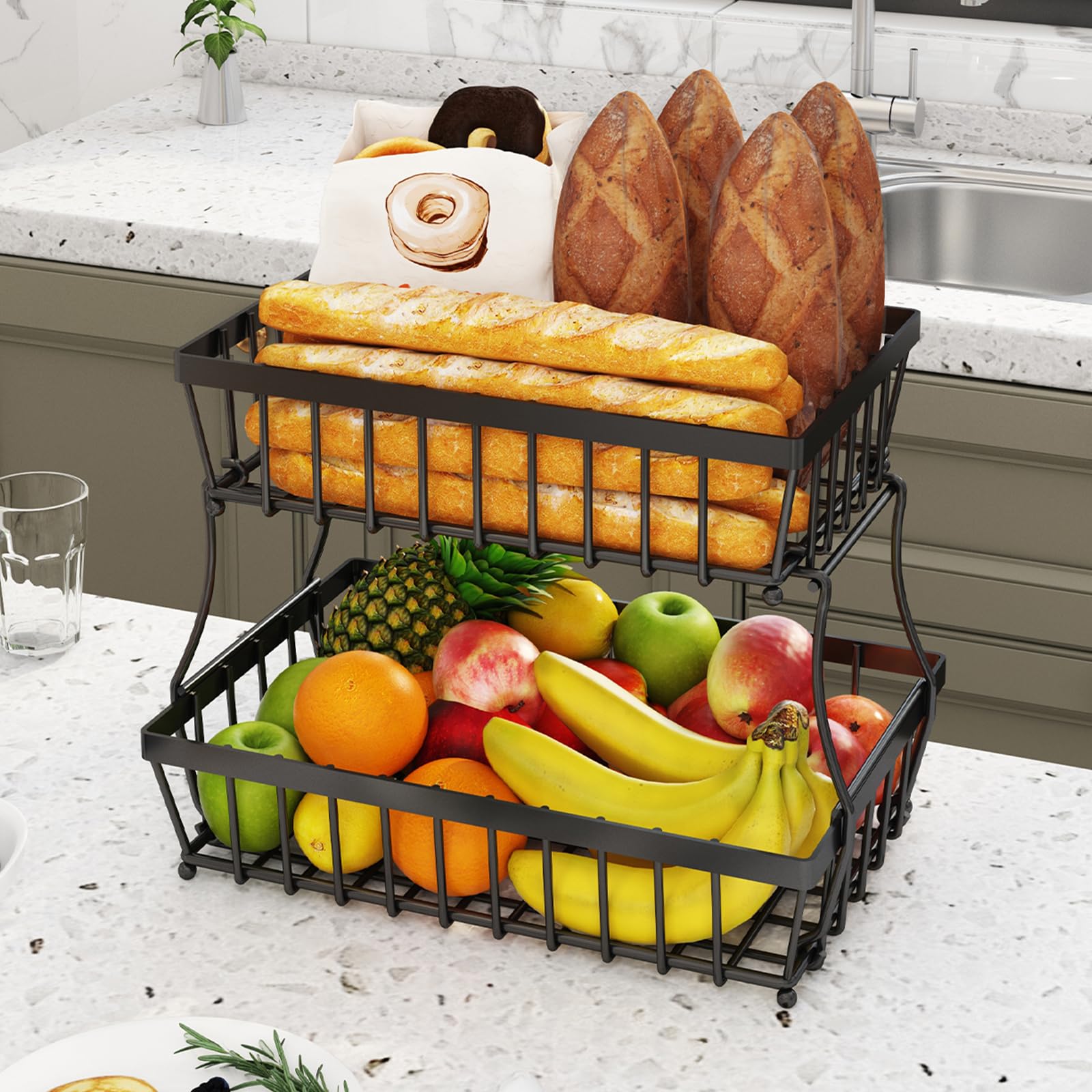 GILLAS 2-Tier Metal Wire Fruit Basket for Kitchen Countertop - Detachable Black Rectangular Vegetable & Bread Storage Organizer - Perfect for Pantry, Dining Table, and Small Space Organization