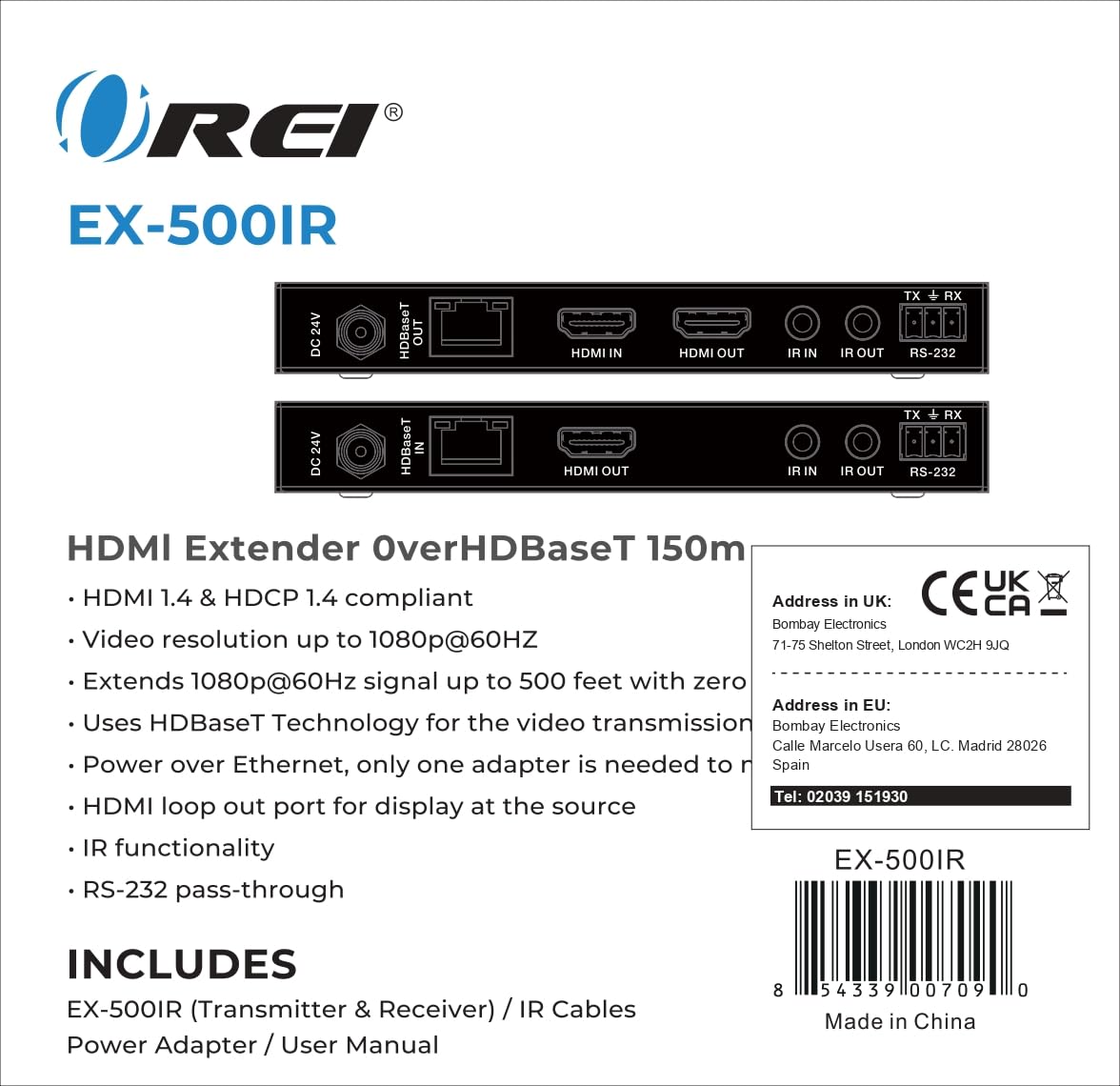 OREI EX-500IR 1080p HDBaseT HDMI Extender Over Cat5e/6 Ethernet Cable - 500ft Range, HDCP 1.4, Bi-Directional IR, HDMI Loop-out, RS-232, PoC - Perfect for Home Theater, Conference Rooms & Digital Signage