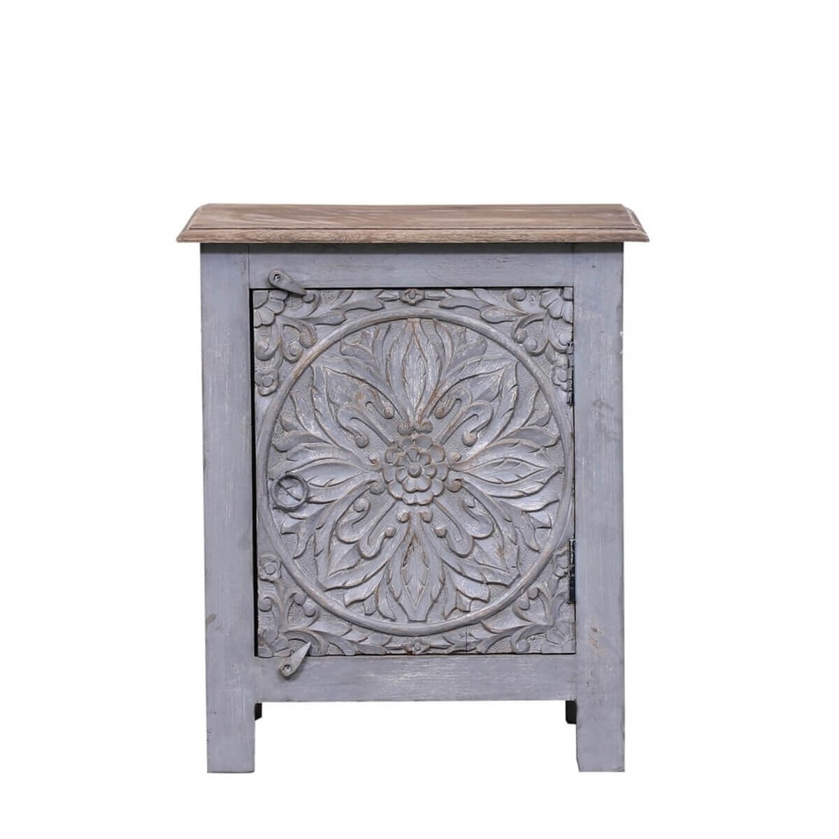Hand Carved Reclaimed Wood Side Table with Lamp - Rustic Indian Decor for Living Room, Bedroom, or Office