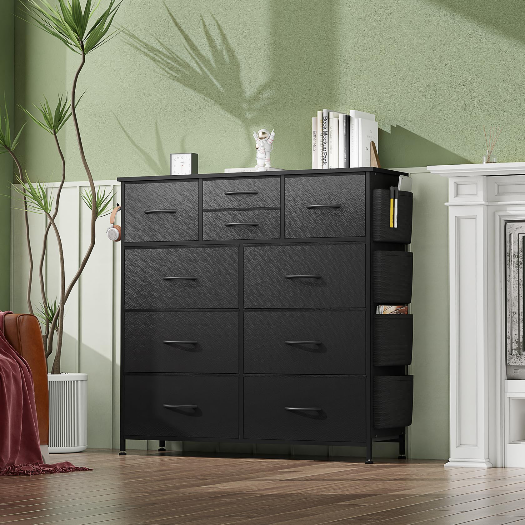 10-Drawer Dresser for Bedroom - Wooden Top PU Dresser with Side Pockets & Hooks - Sturdy Metal Frame Chest of Drawers for Living Room, Closet, Hallway Organization (Black) - Perfect for Small Spaces & Apartment Storage