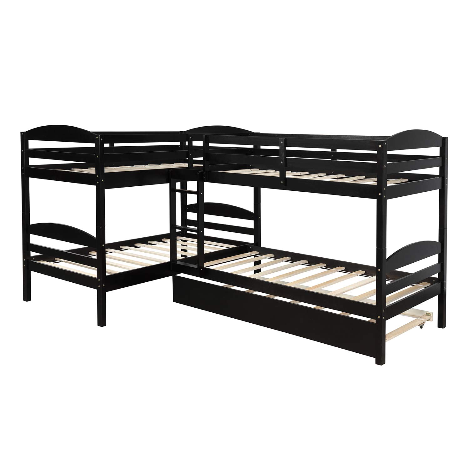 KLMM Solid Wood L-Shaped Bunk Bed with Trundle - Twin Size Bunk Bed Frame with Guardrail & Ladders for Kids & Adults (Espresso) - Space-Saving 5-Person Sleeper for Small Rooms, Guest Rooms & Vacation Homes