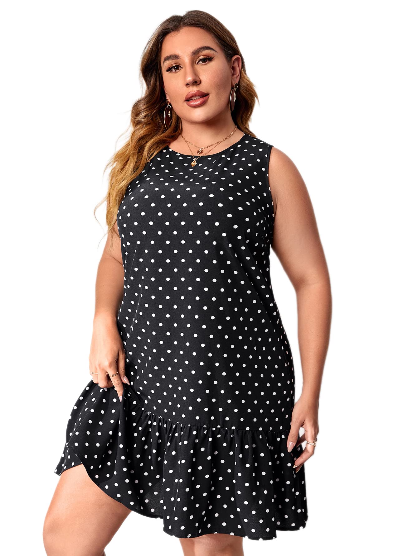 SOLY HUX Women's Plus Size Summer Dress - Polka Dot Casual Ruffle Sleeveless Tunic Smock Mini Tank Dress for Beach, Vacation & Outdoor Activities