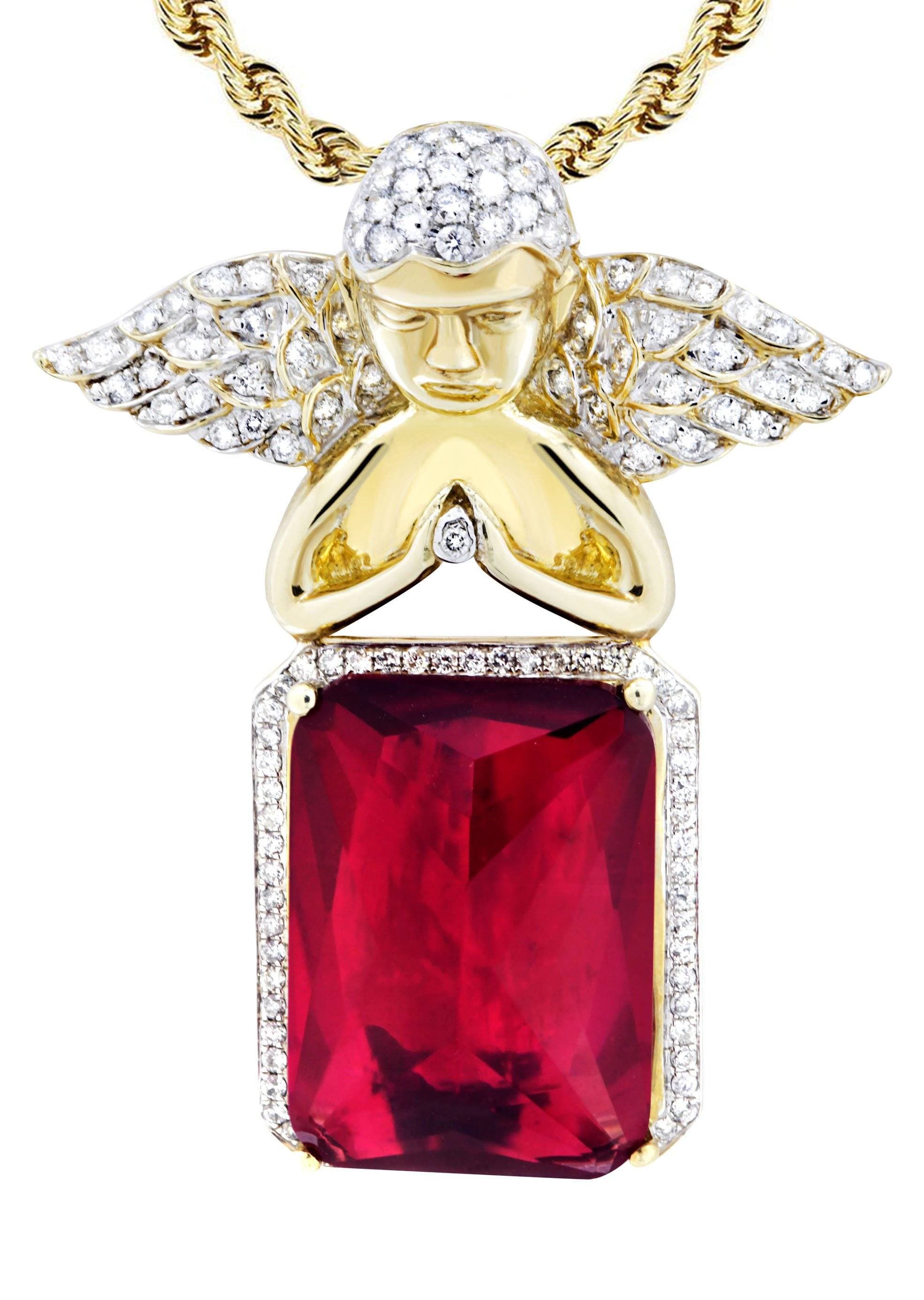 10K Yellow Gold Ruby Angel Diamond Necklace - 1.6 Carats Genuine Gemstone Jewelry for Women - Perfect for Valentine's Day, Anniversary & Special Occasion Gifts