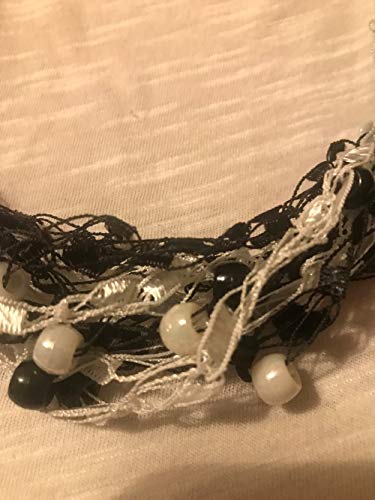 White and Black Yarn Necklace with Pony Beads - Handmade Bohemian Trellis Jewelry for Women - Perfect for Festivals, Parties and Boho Fashion Accessories