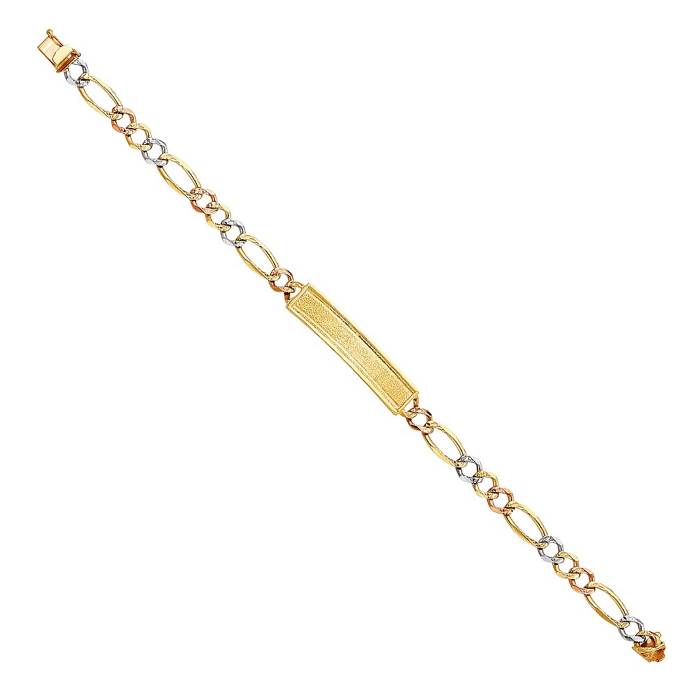 14K Tri-Color Diamond Cut Figaro ID Bracelet - 8