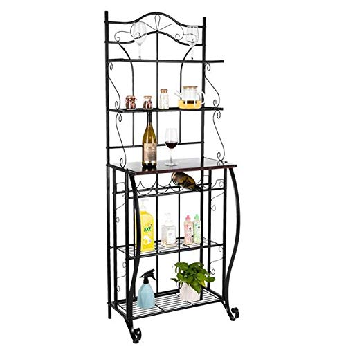 5-Tier Metal Kitchen Bakers Rack with Wine Storage - Cappuccino Finish Scroll Design, Black - Perfect for Small Spaces, Pantry Organization & Wine Display in Home, Restaurant or Cafe