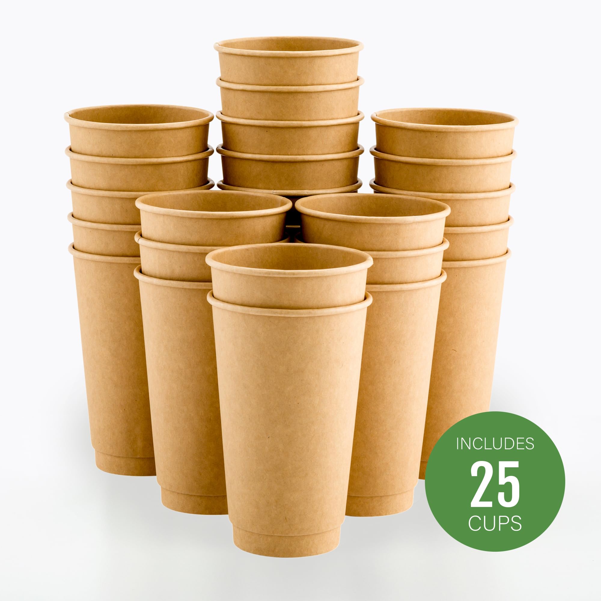 16oz Double Wall Insulated Disposable Coffee Cups - 25 Pack Kraft Paper Hot Cups for Coffee, Tea, Hot Chocolate (Lids Sold Separately) - Perfect for Cafes, Offices, and Takeout Drinks