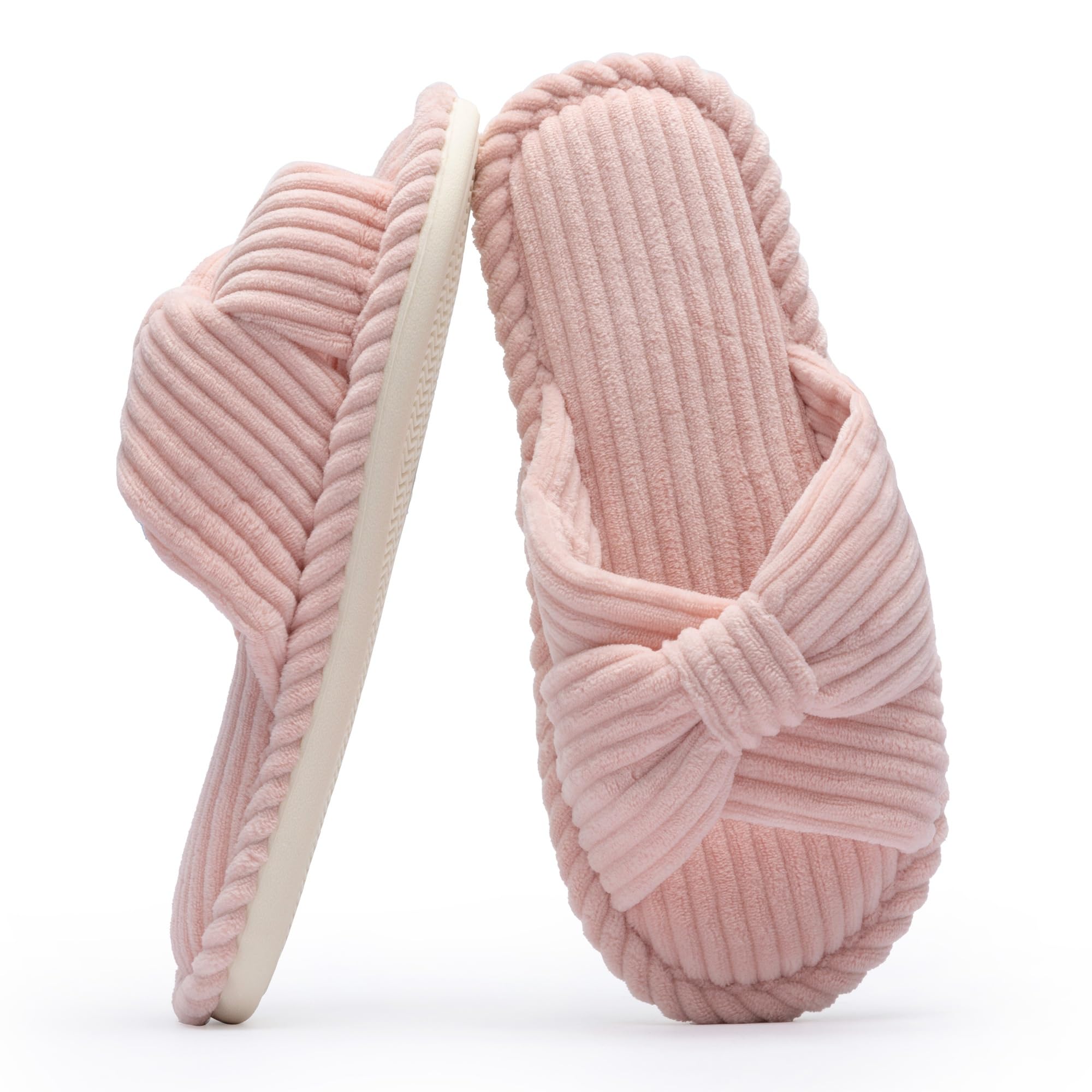 Chantomoo Women's Memory Foam Slippers - Cozy Open Toe Corduroy Slides with Bow for Home, Bedroom, Bathroom & Spa | Comfortable House Shoes for Relaxation & Lounging