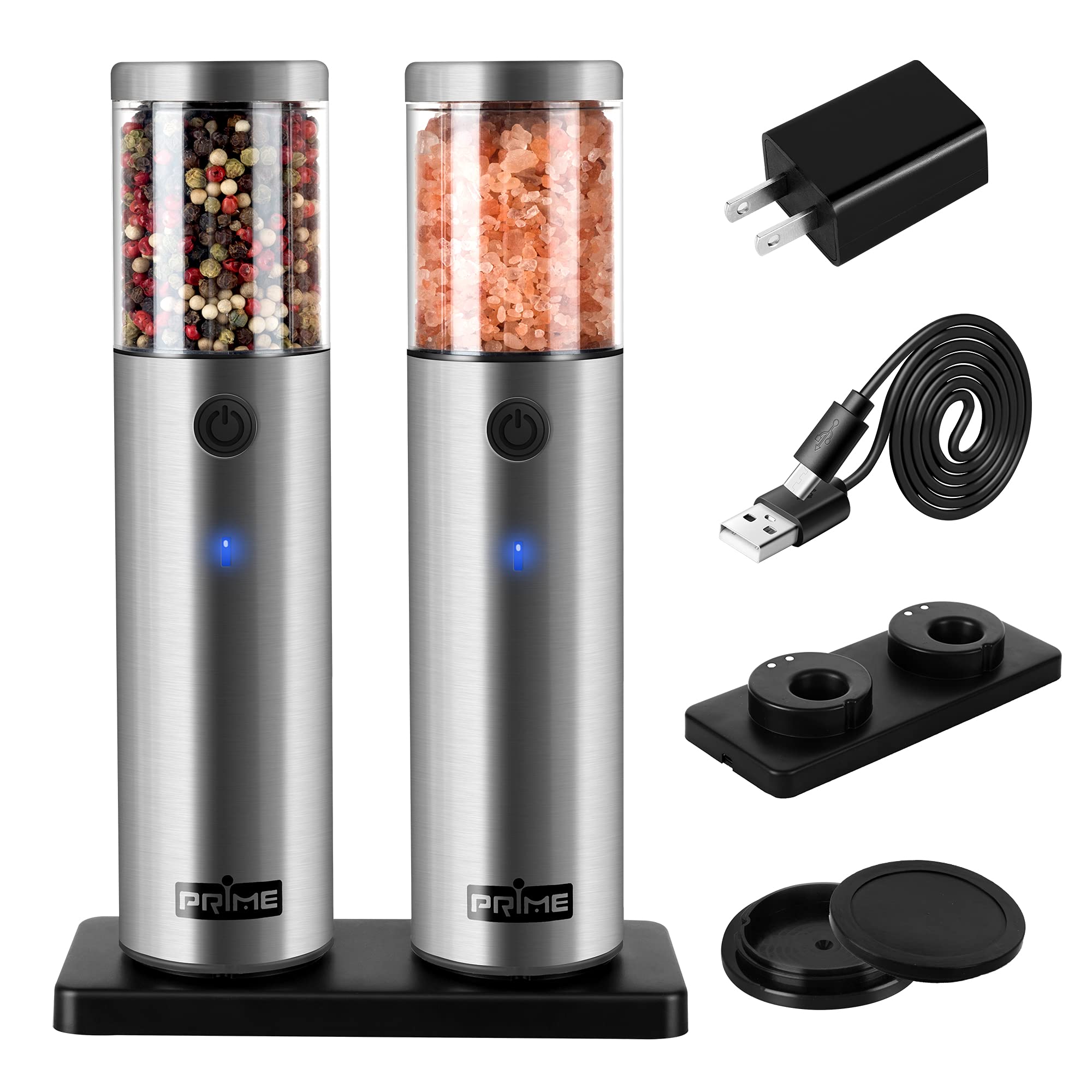 Premium Electric Salt and Pepper Grinder Set - 2 Rechargeable Mills with USB Charging Base & Adjustable Coarseness | Automatic Touch Control | Stainless Steel (Version 2.2) | Perfect for Kitchen, Dining Table & Gourmet Cooking