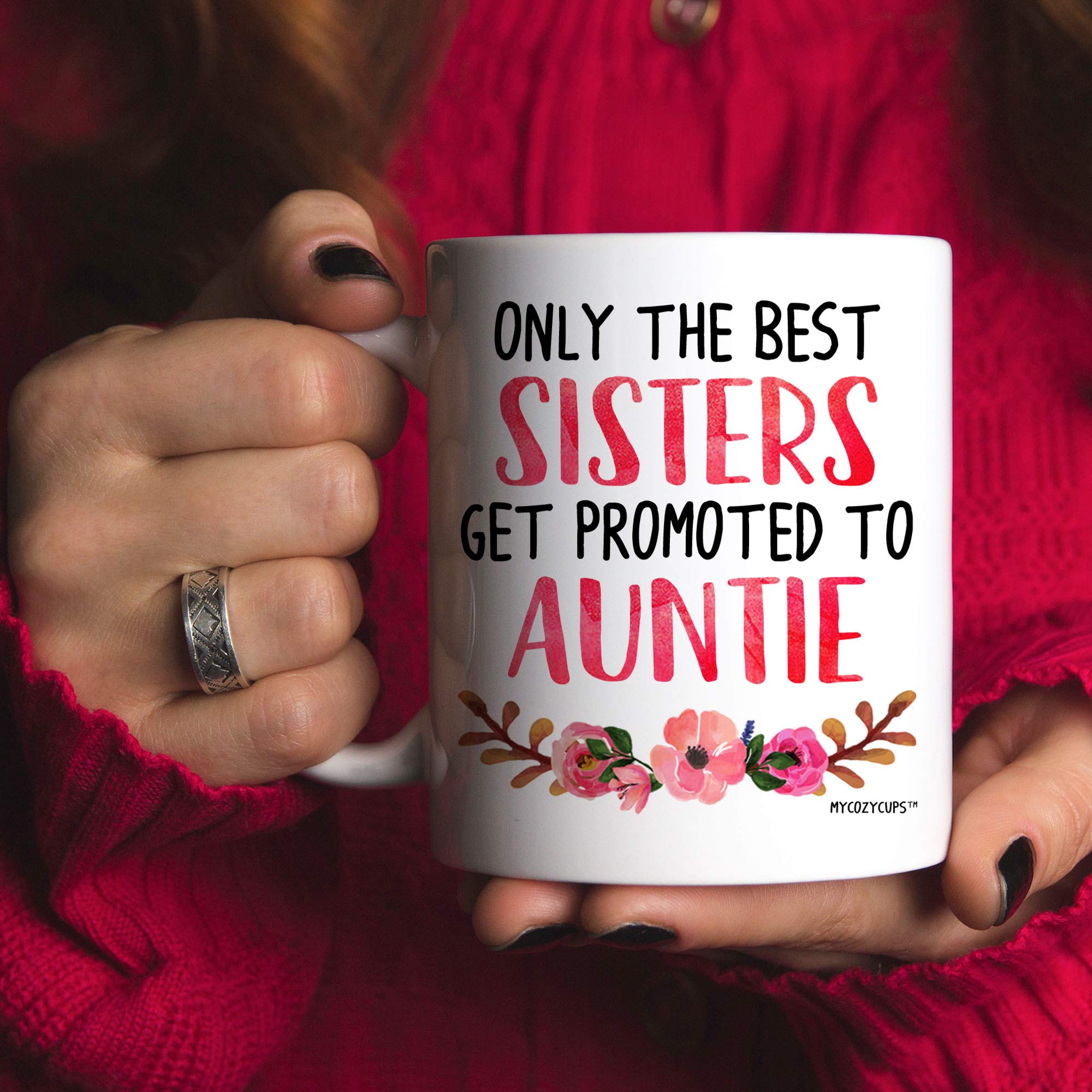 Pregnancy Announcement Coffee Mug for Sister - 'Only the Best Sisters Get Promoted to Auntie' 11oz Ceramic Cup - Perfect for Baby Reveal, New Mommy Gift & Surprise Announcements - Ideal for Sister's Birthday, Mother's Day & Gender Reveal Parties