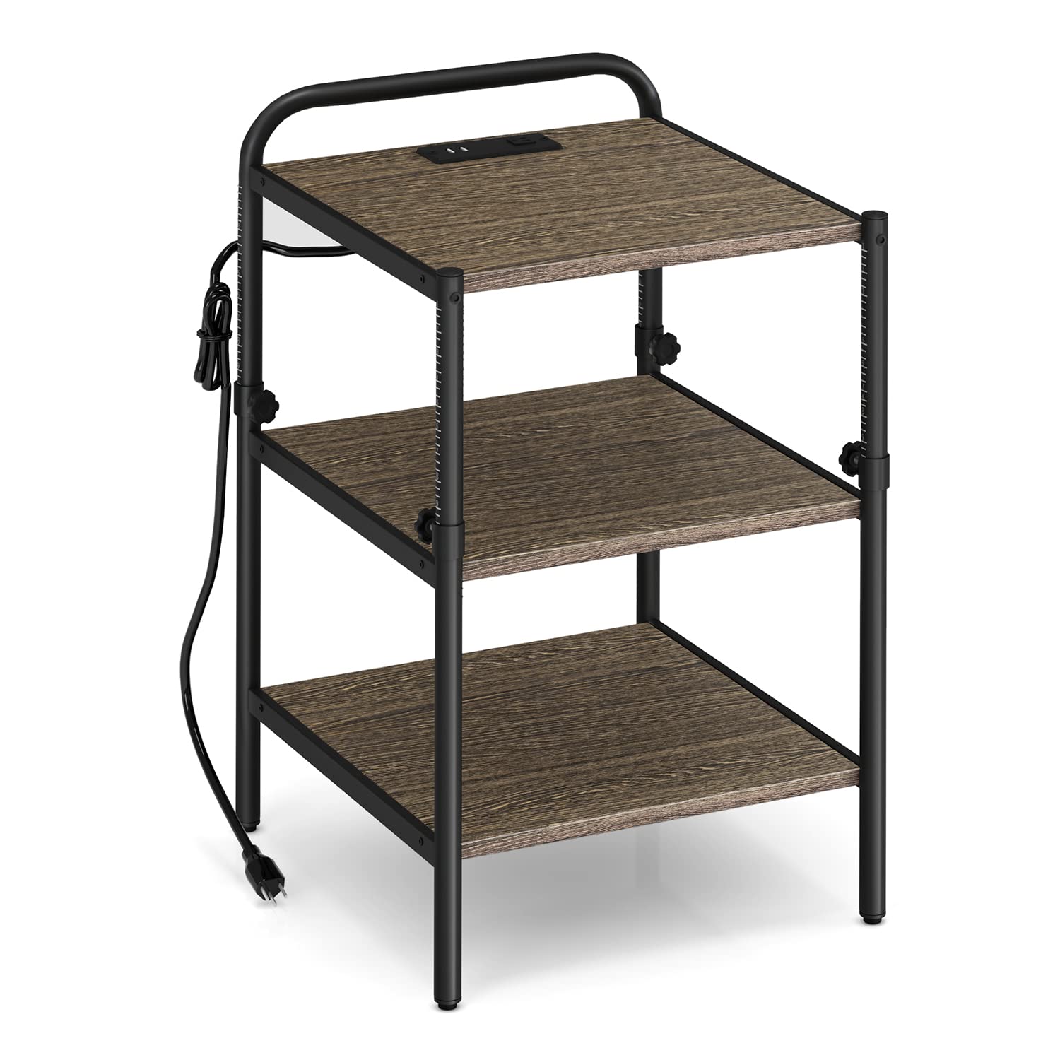 LINSY HOME Adjustable Height 3-Tier End Table with USB Charging Station - Wood & Metal Small Side Table with Storage Shelf - Perfect Nightstand for Bedroom, Living Room, Sofa - Space Saving Furniture for Small Apartments