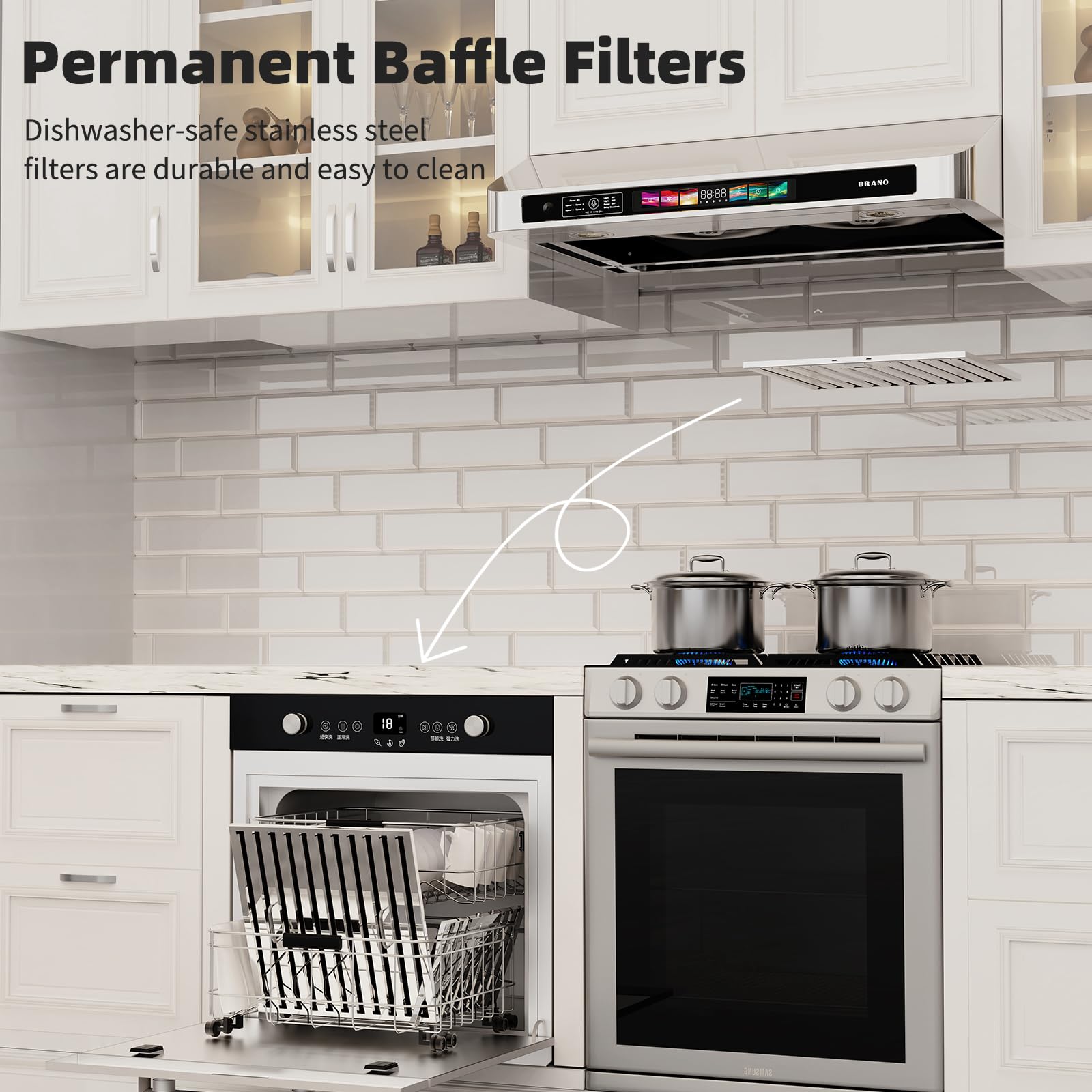 BRANO 30 Inch Under Cabinet Range Hood - 900 CFM Kitchen Vent Hood with Voice, Gesture & Touch Control, 4-Speed Exhaust Fan, LED Lights & Baffle Filters | Stainless Steel Stove Hood for Modern Kitchens