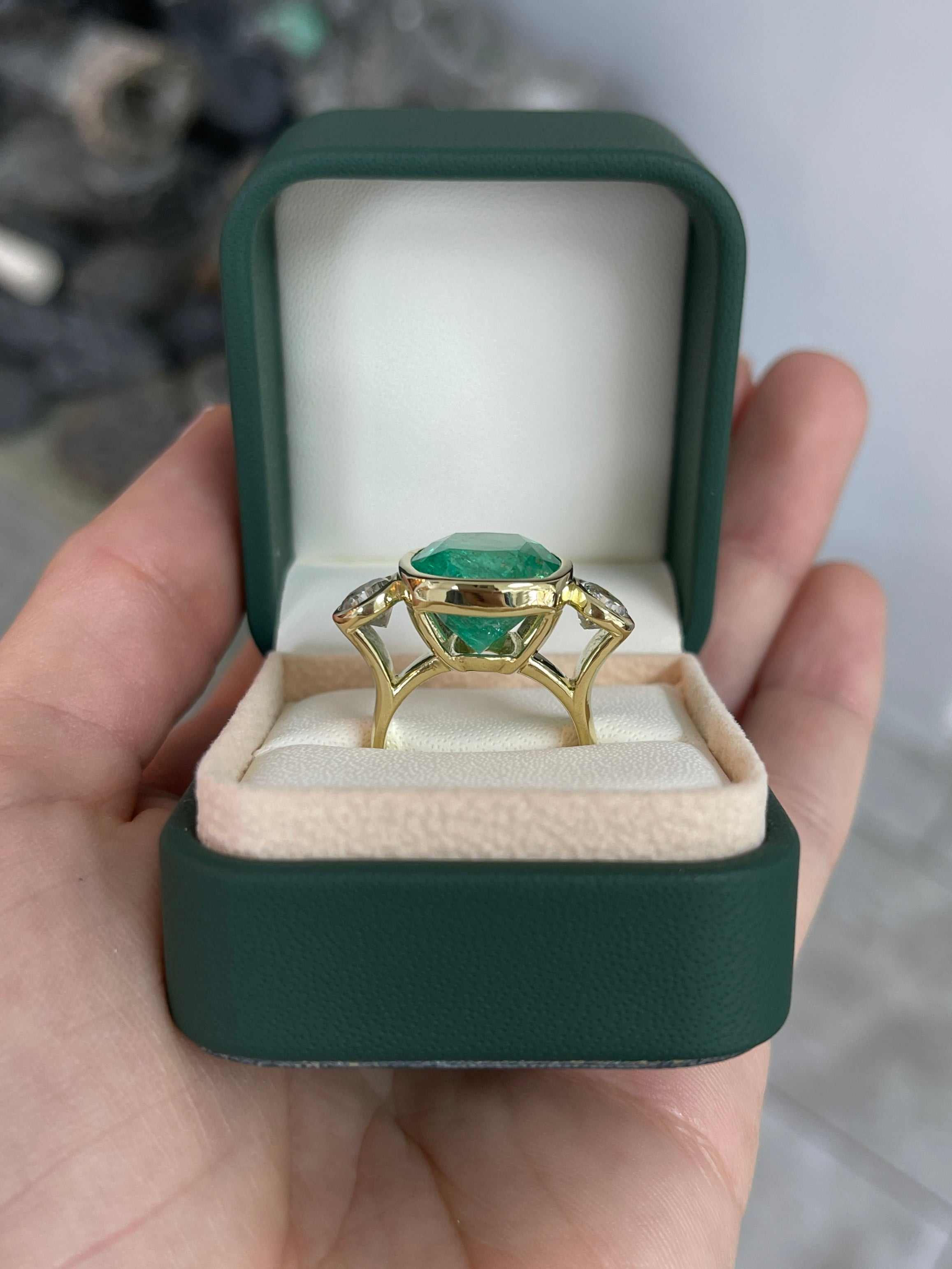 14.20tcw Colombian Emerald Cushion Cut & Diamond Bezel Three Stone Statement Ring in 18K Gold - Elegant Jewelry for Weddings, Anniversaries & Special Occasions
