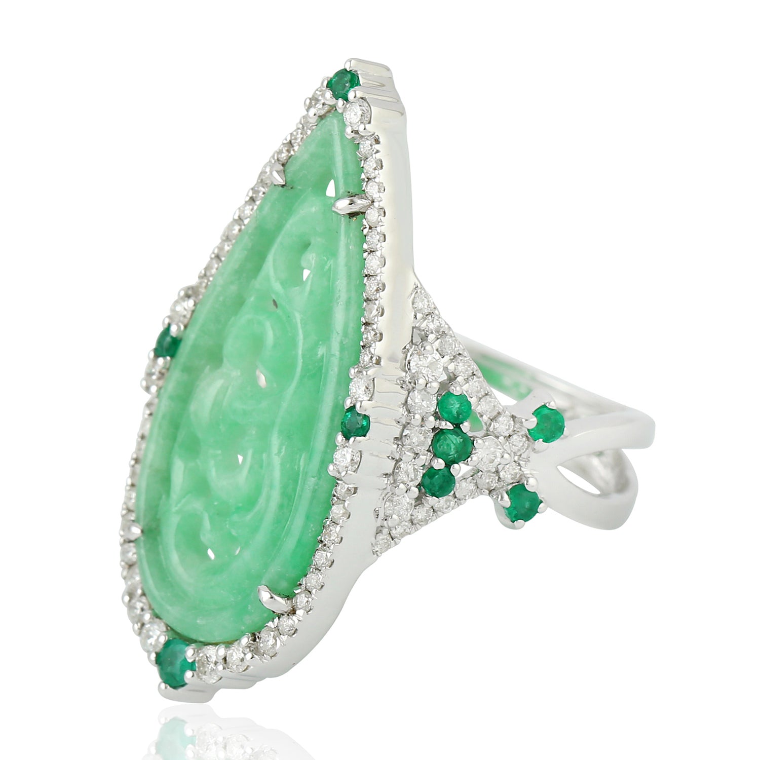 Exquisite Carved Jade Round Emerald Gemstone Pave Diamond Ring in 14K White Gold - Elegant Jewelry for Weddings, Anniversaries & Special Occasions