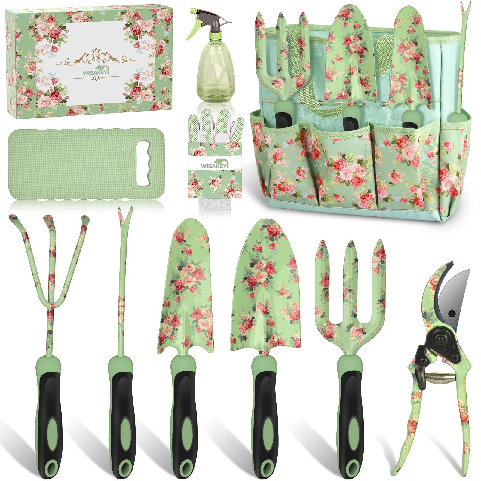 Premium 10-Piece Heavy Duty Gardening Tools Set with Non-Slip Ergonomic Handles - Durable Green Garden Tool Kit with Fashion Organizer Bag - Perfect Gardening Gifts for Women - Ideal for Planting, Weeding & Outdoor Yard Work