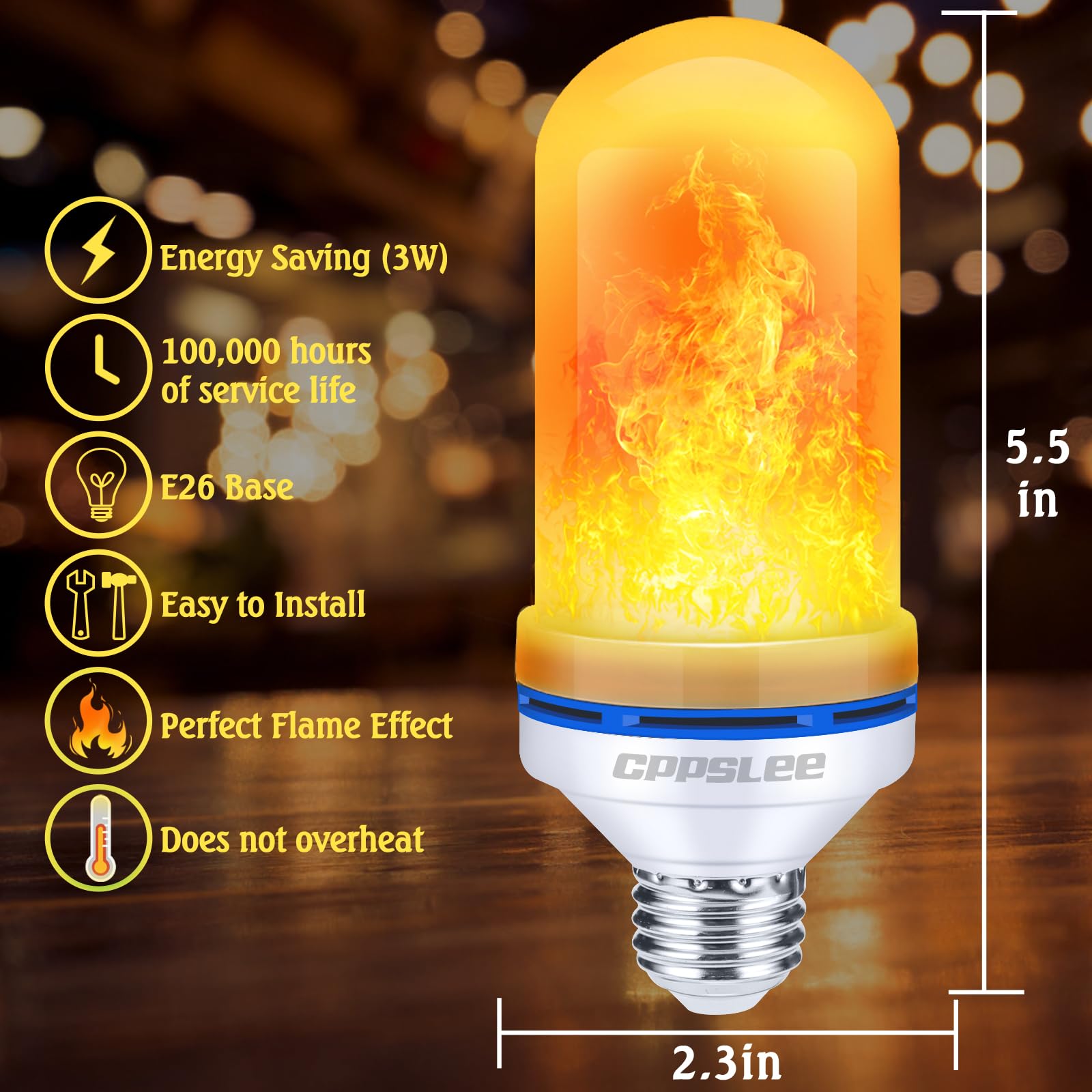 CPPSLEE LED Flame Light Bulbs - 4 Modes Flickering Fire Effect Bulbs with E26 Base - Perfect for Halloween, Christmas, Patio, Outdoor & Indoor Decor (Yellow, 2 Pack) - Create Cozy Fireplace Ambiance for Parties, Weddings & Home Decoration