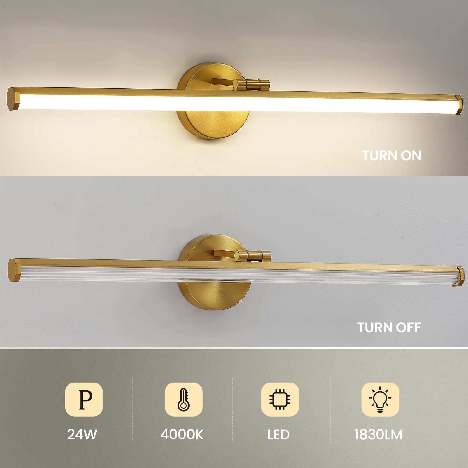 KAISITE 30 Inch Gold Modern LED Bathroom Vanity Light - 24W 4000K Dimmable Rotatable Light Fixture for Mirror Lighting | Perfect for Bathroom, Powder Room & Dressing Area Makeup Lighting