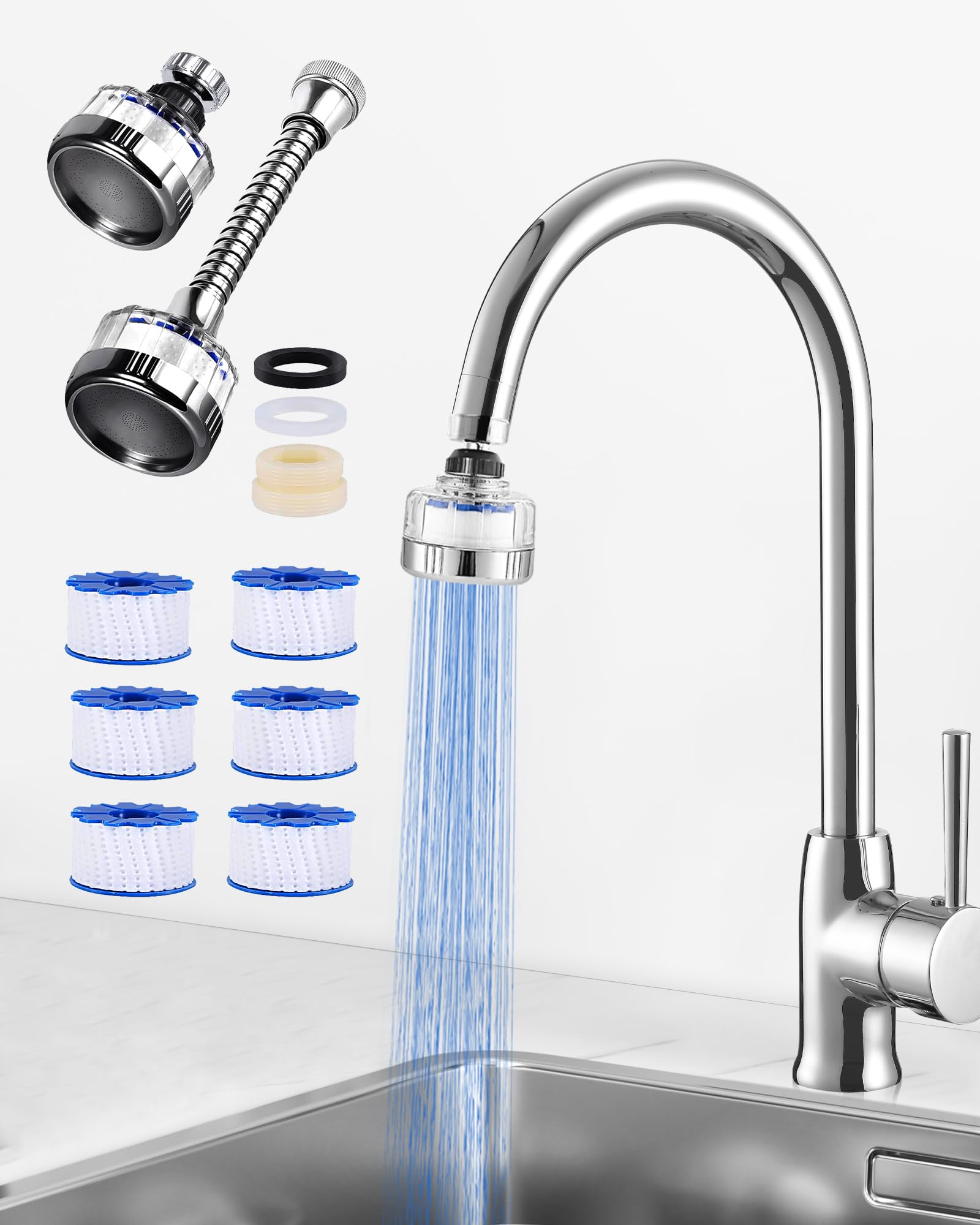 360° Rotating Kitchen & Bathroom Sink Faucet Water Filter with Extension Tube - Hard Water Softener with 3 Replacement Filters for Clean Drinking, Cooking & Washing - Perfect for Home, RV and Office Use