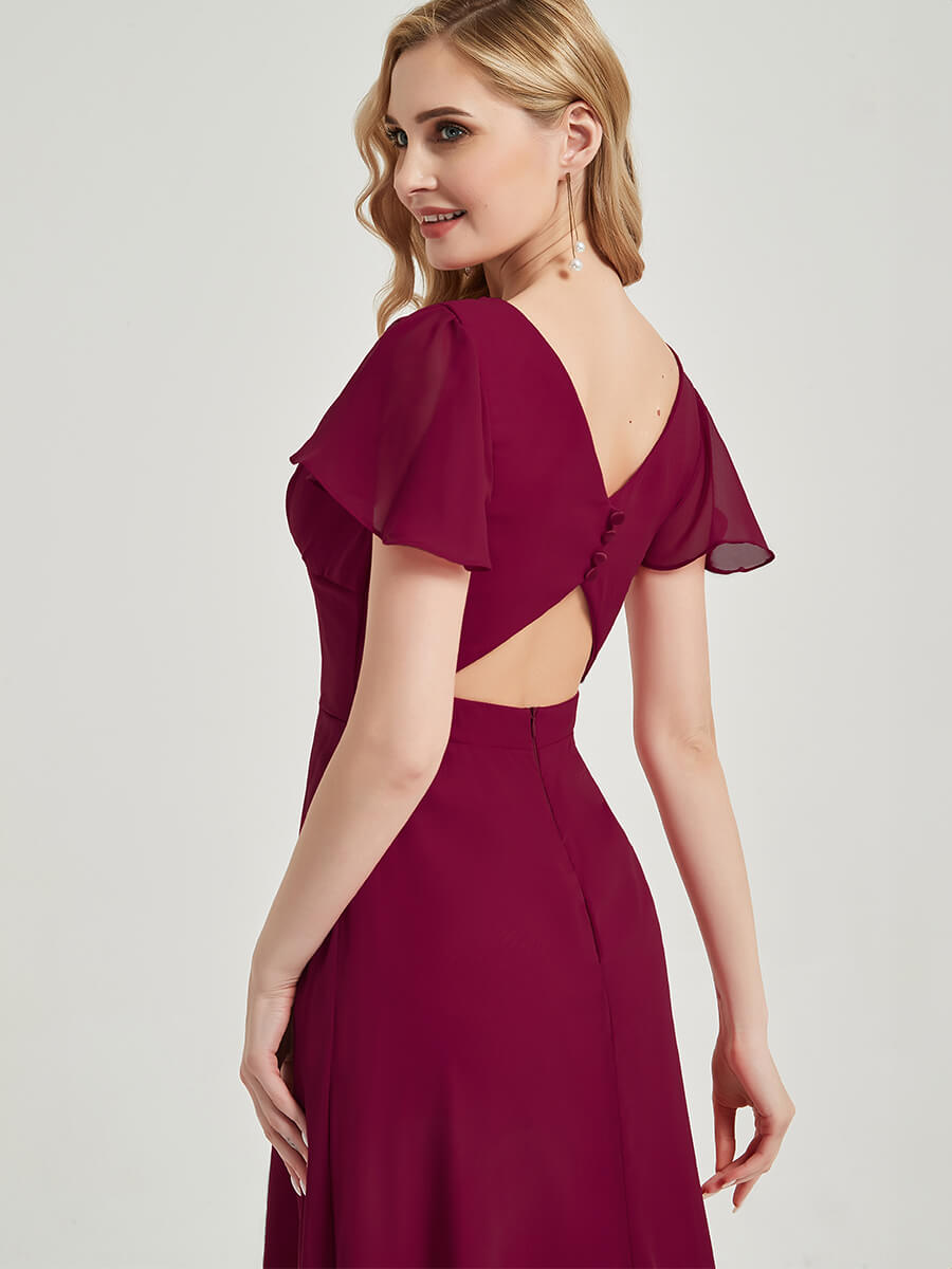 Elegant Dark Navy Backless Chiffon Bridesmaid Dress with Ruffle Sleeves & Empire Waist - Perfect for Weddings, Formal Events & Evening Parties