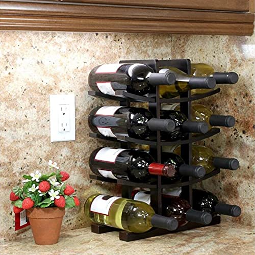 Black Wooden Bamboo Wine Rack - Holds 12 Bottles for Kitchen, Bar & Dining Room Storage | Countertop Liquor Holder & Home Decor | Perfect for Wine Enthusiasts & Entertaining Guests
