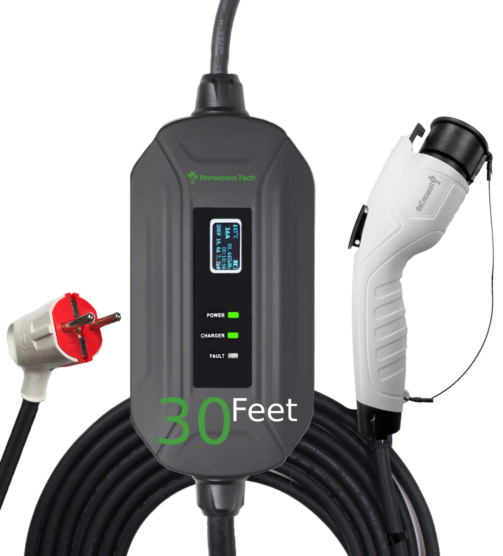 PRIMECOM Level 2 EV Charger 240V 16A Portable Smart Electric Car Charger - 30/40/50 Feet Cable - Fast Home & Public Charging for Tesla, Nissan Leaf, Chevy Bolt - Perfect for Garage, Workplace & Road Trips