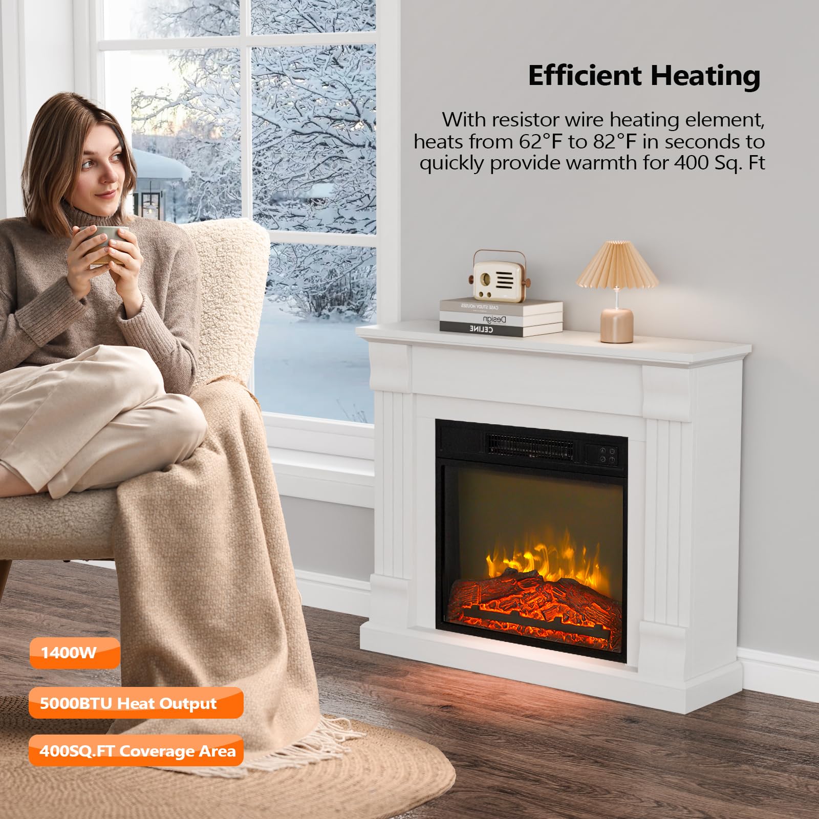 ROVSUN 32 Inch Freestanding Electric Fireplace Heater with Remote Control - Adjustable Temperature, Timer & Realistic Flame - 1400W Indoor Fireplace for Living Room, Bedroom & Home Decor (Perfect for Winter Heating & Cozy Ambiance)