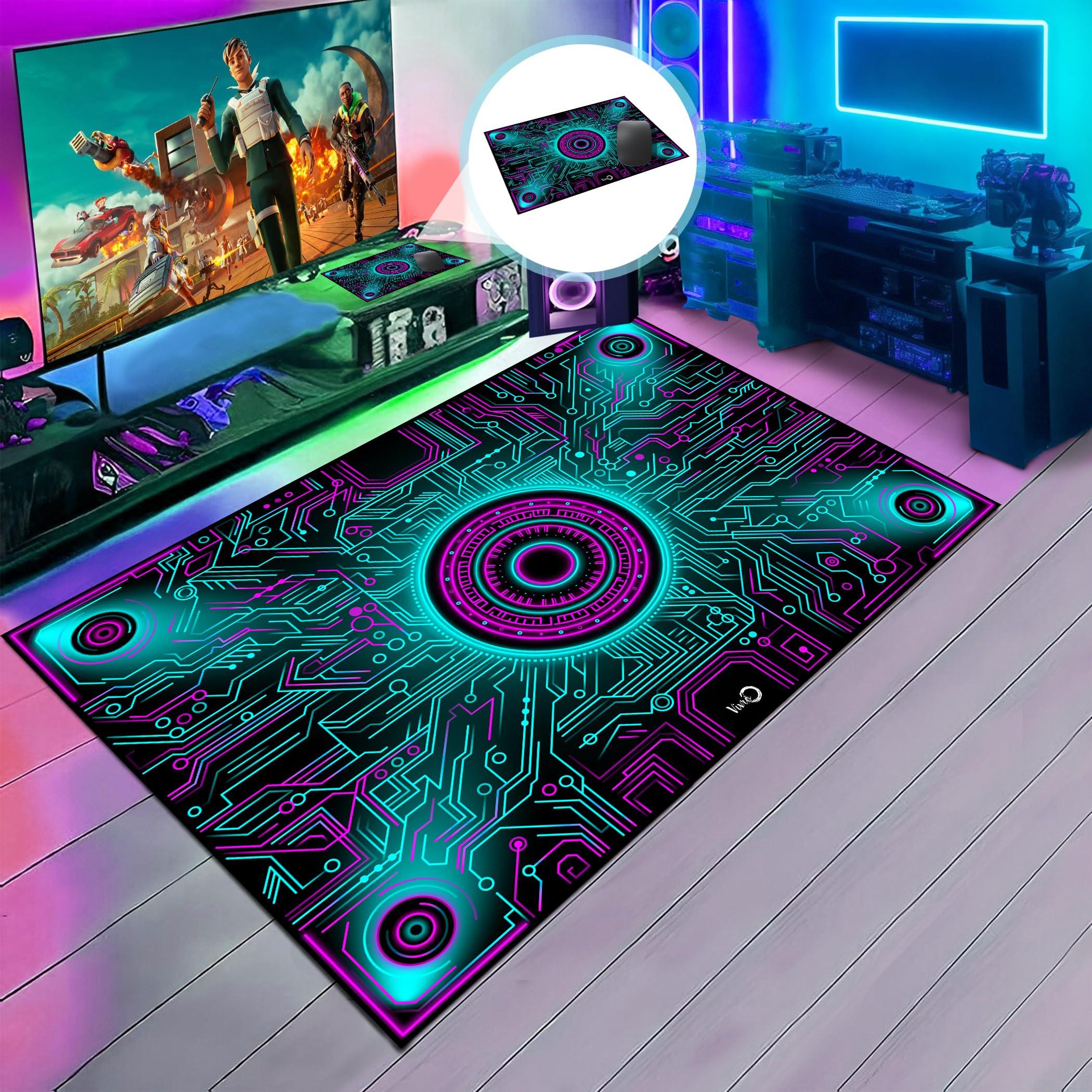 Gaming Rug and Mouse Pad Set - Circuit Design Gamer Carpet, Game Room Rug, Video Game Mat for PC, Console, and Esports Setup