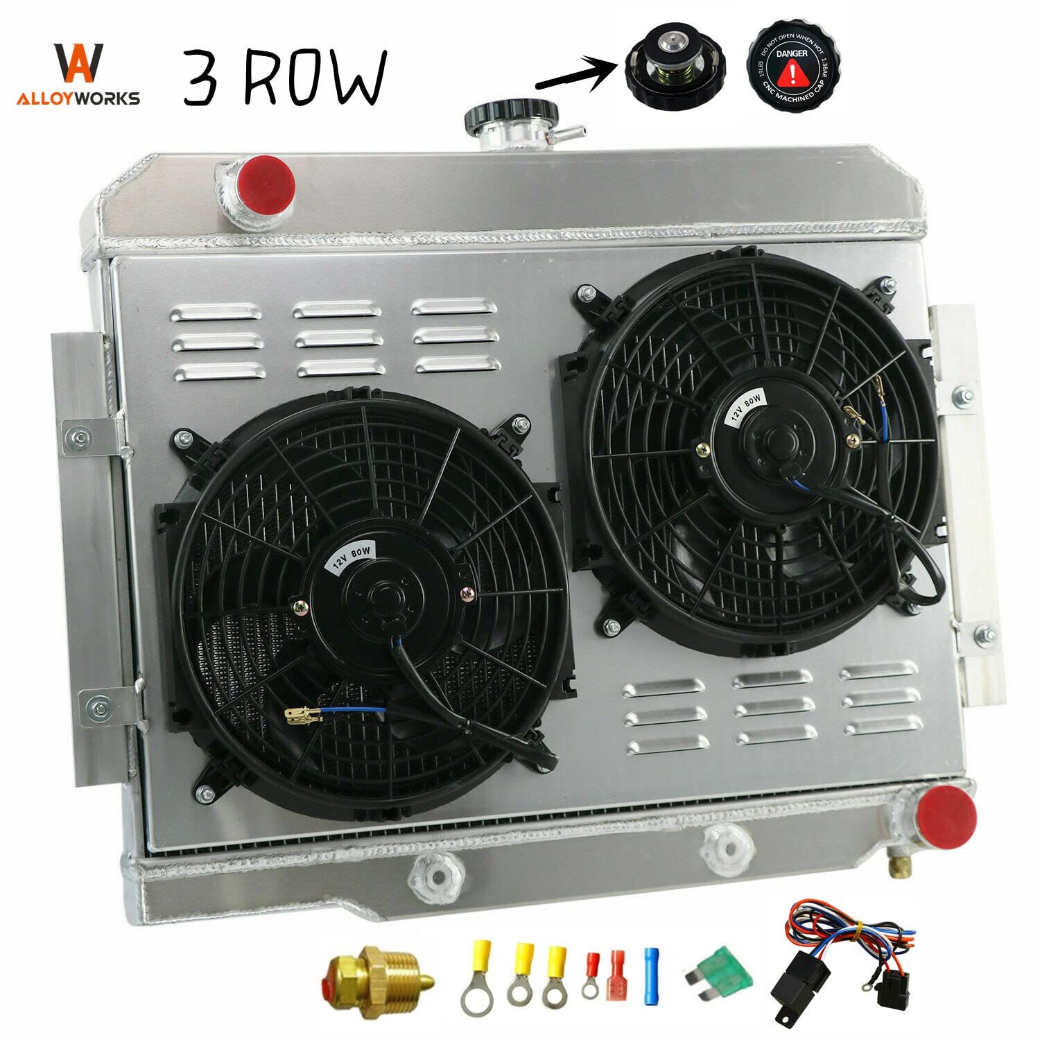 Alloyworks 3-Row Aluminum Radiator with Fan Shrouds Kit - Compatible with 1972-1986 Jeep CJ5 CJ6 CJ7 (L4, L6, V8 Engines) - High-Performance Cooling for Off-Road & Daily Driving