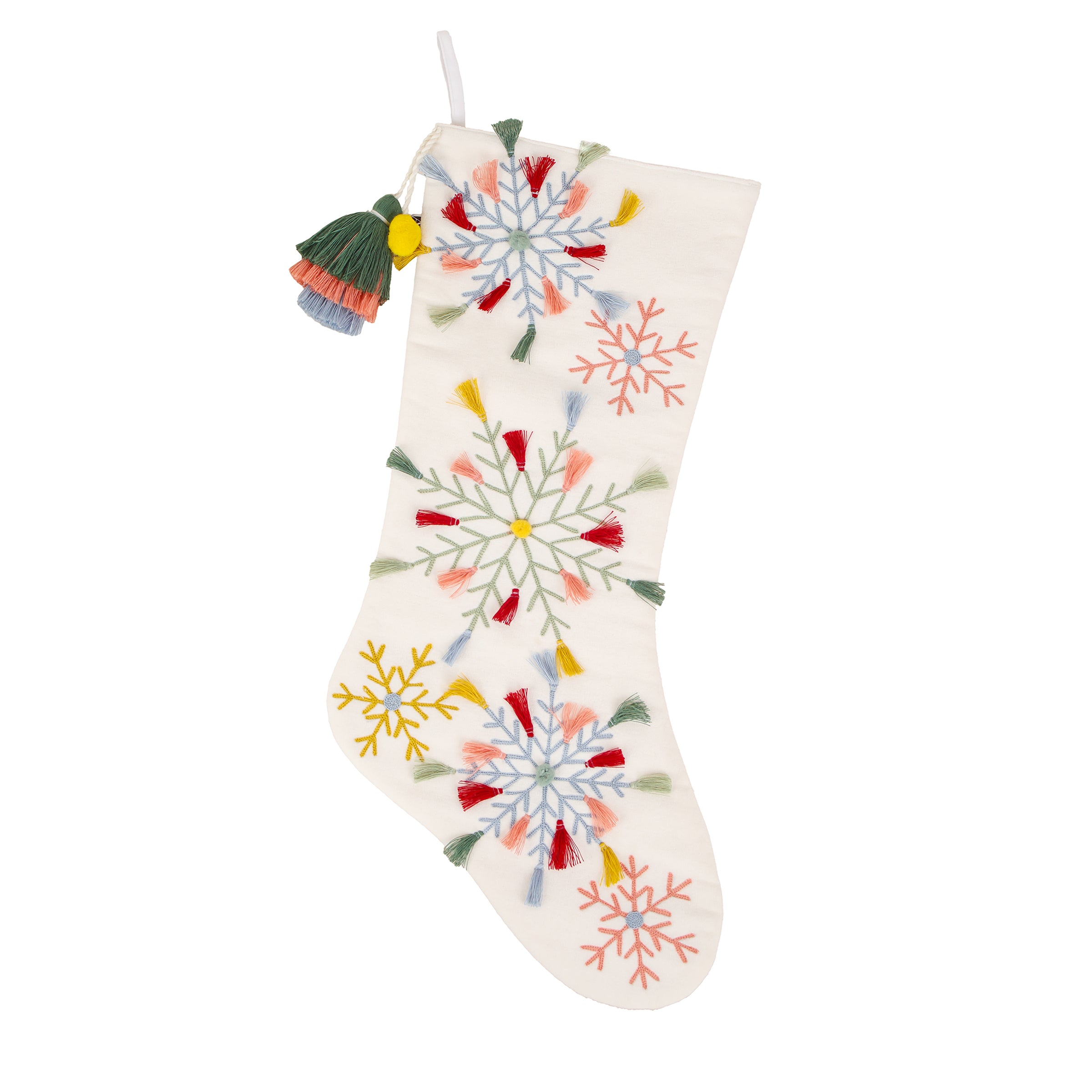 20 in. HGTV Home Collection Boho Snowflake Stocking - Festive Holiday Decor for Christmas Tree, Fireplace Mantel & Cozy Home Styling