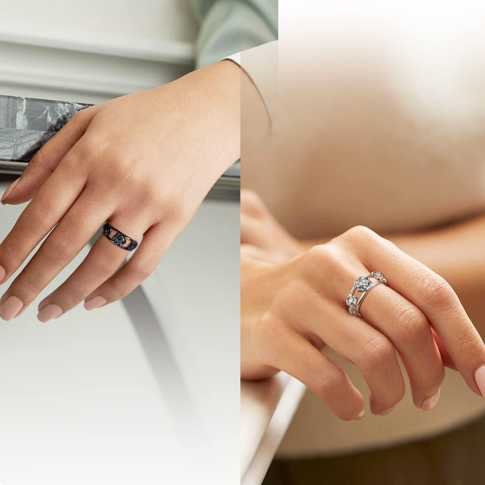 Beautlace Adjustable Rose Flower Ring - Silver & Black Gun Plated Open Band, Elegant Wedding & Engagement Jewelry Gift for Women - Perfect for Valentine's Day, Anniversary & Romantic Occasions