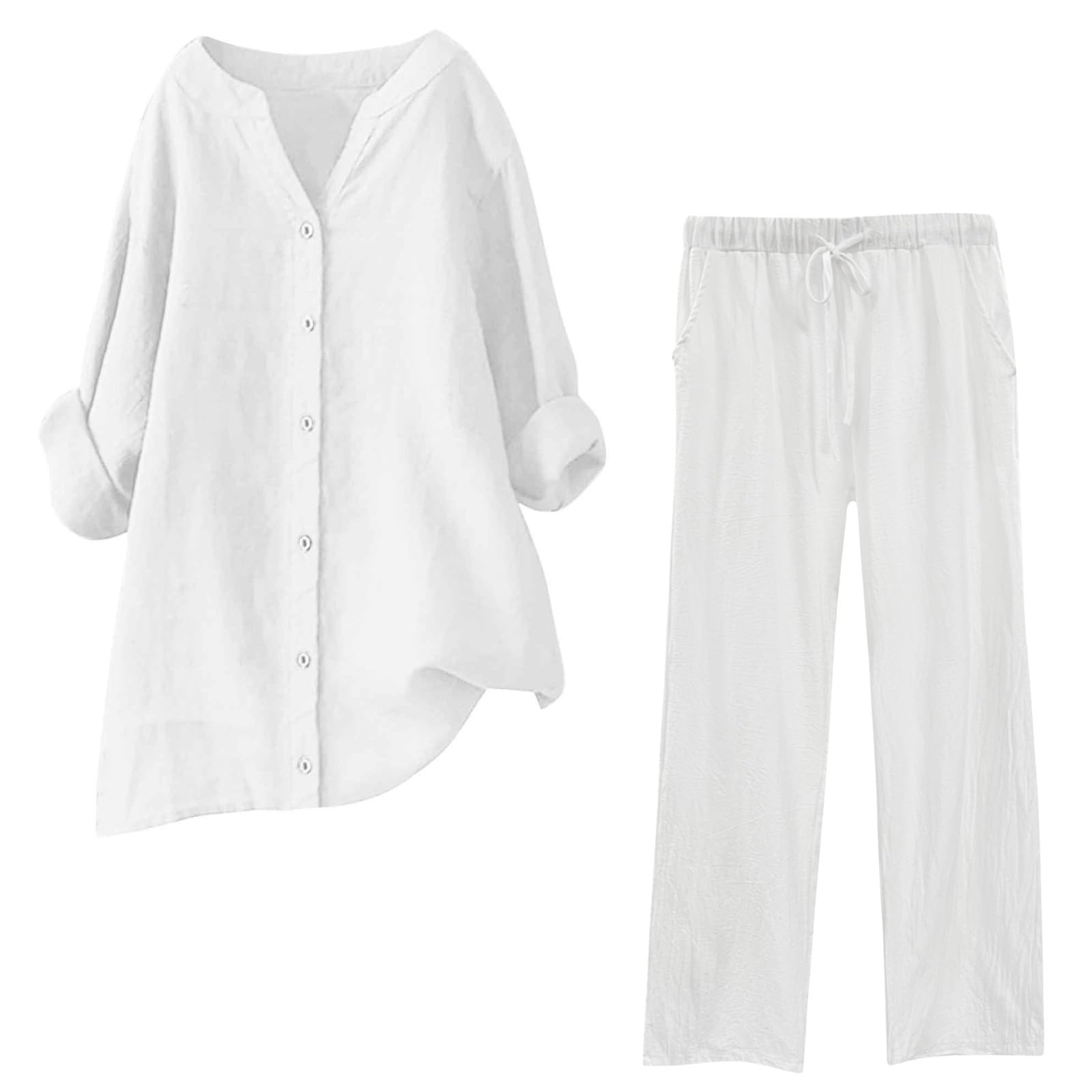 Women's 2-Piece Linen Outfit Set | Breathable Summer Linen Pajama & Lounge Wear | Casual Comfort for Home, Travel & Beach | White