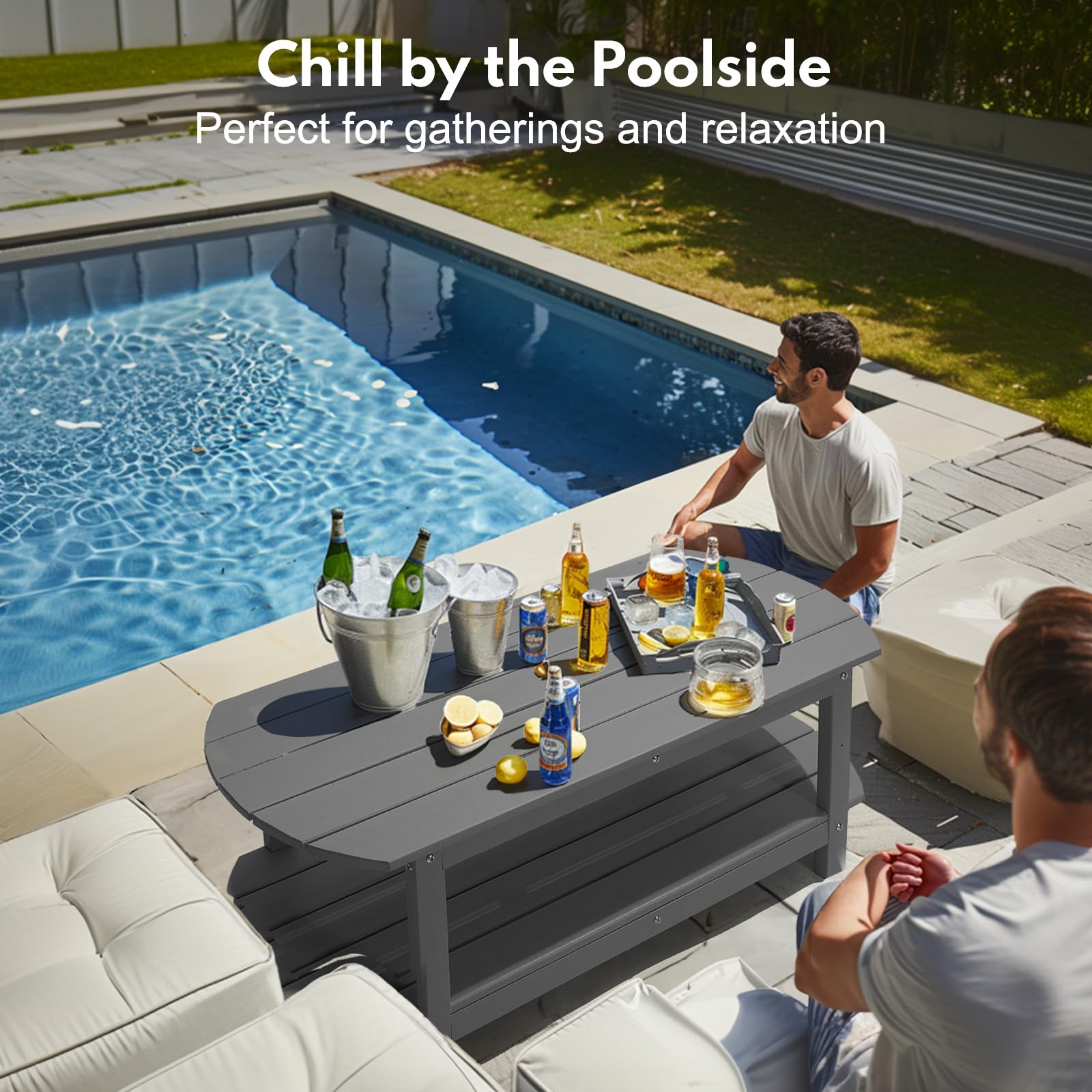 PASAMIC HDPE Outdoor Coffee Table with 2-Tier Storage - Weather-Resistant Rectangular Patio Dining Table for Poolside, Deck, Backyard - Durable Gray Garden Furniture for Outdoor Entertaining & Relaxation