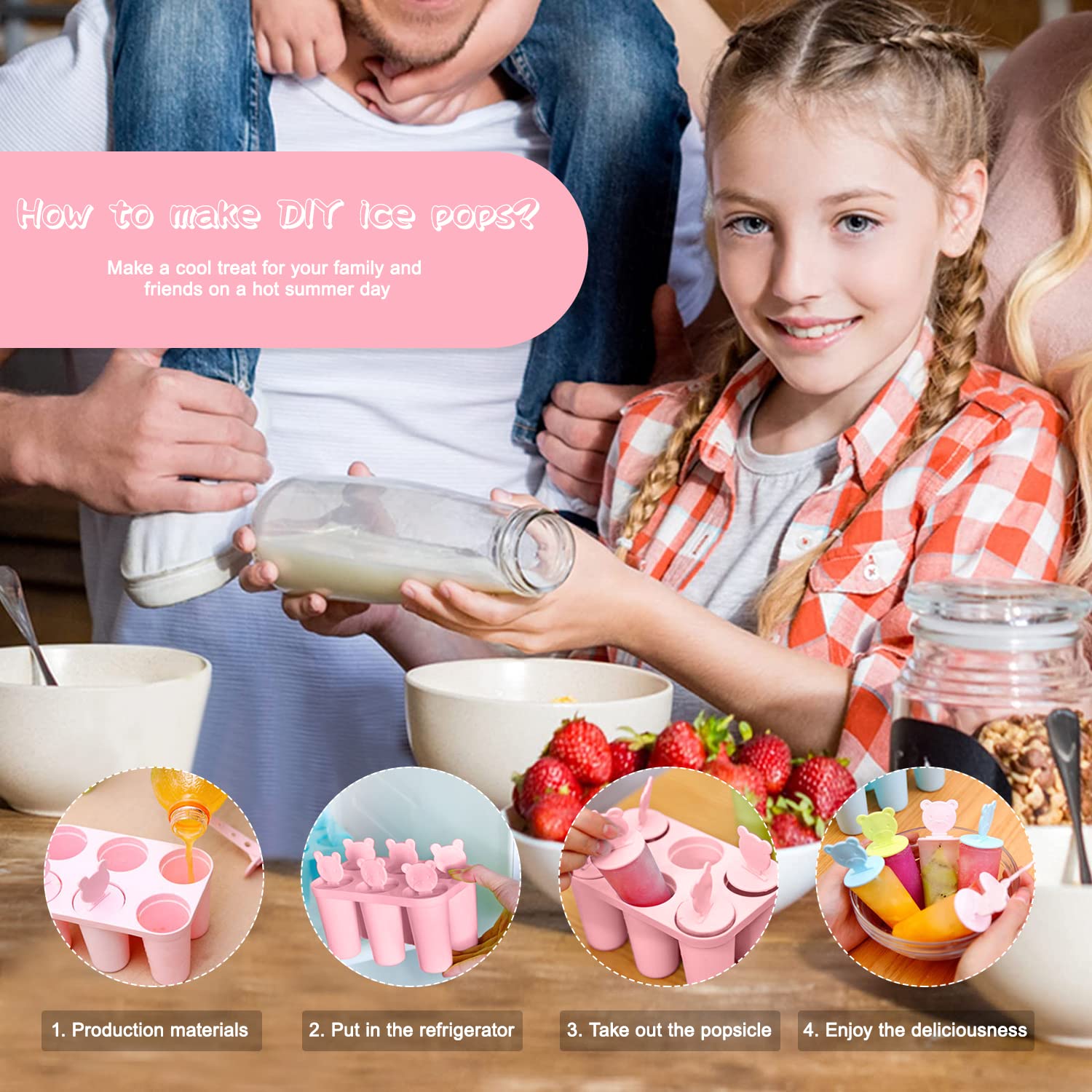 DULKET Reusable Ice Cream & Popsicle Molds with Sticks - Easy to Make & Remove, BPA-Free Silicone Ice Lolly Molds for Homemade Frozen Treats (Pink) - Perfect for Summer Parties, Kids Snacks & Healthy Desserts
