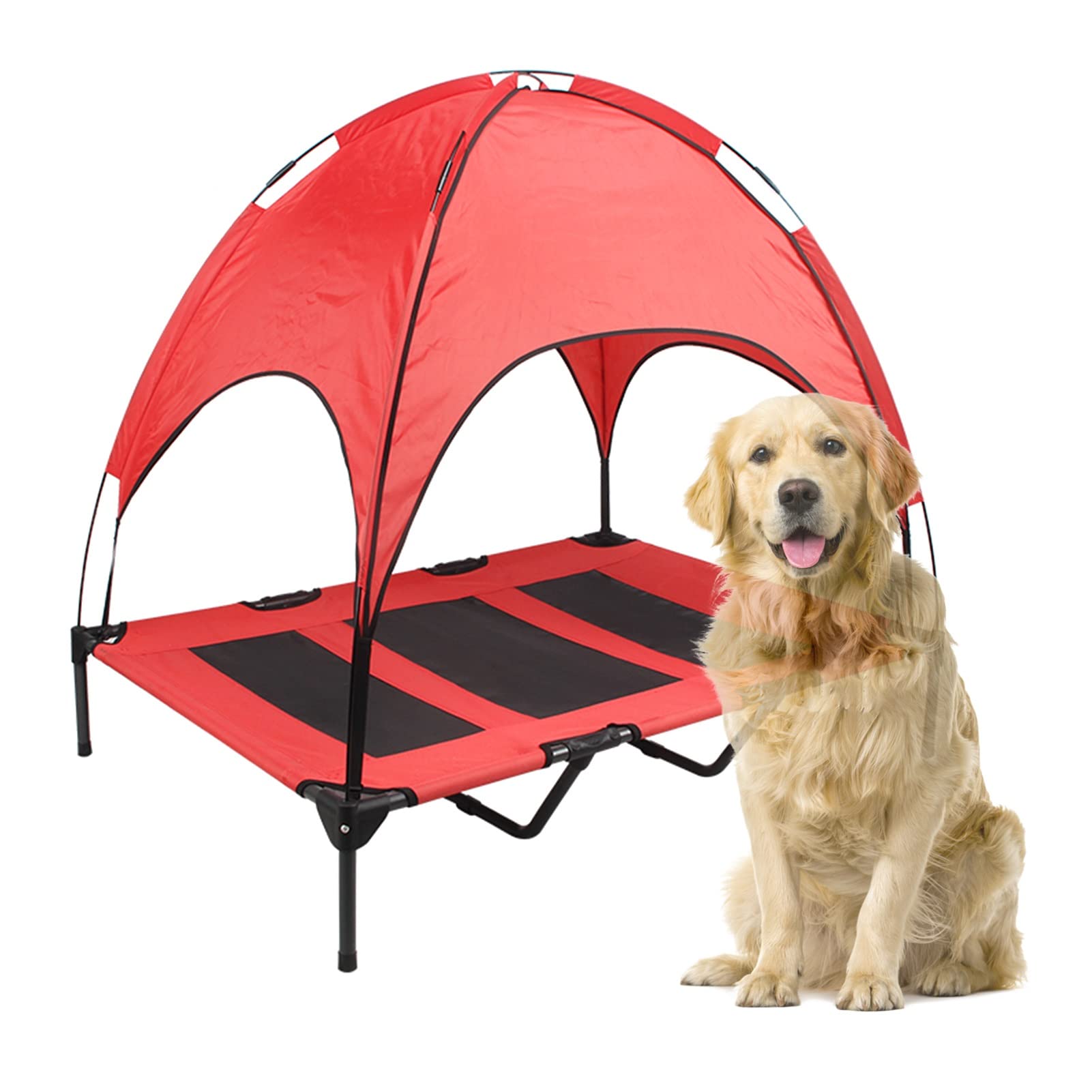 Large Cooling Elevated Dog Bed with Canopy Shade Tent - Waterproof Raised Pet Cot for Indoor & Outdoor Use - Portable Dog Sofa for Medium & Senior Dogs - XL Size 120x90x112cm (47x35x44 Inches) - Perfect for Backyard, Patio, Camping & Travel - Red Color