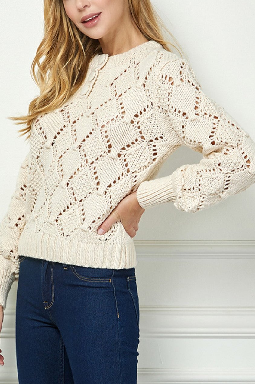 Women's Cream Pointelle Knit Sweater - Soft & Breathable Cable Knit Pullover for Fall & Winter | Perfect for Casual Outfits, Office Wear & Holiday Gatherings