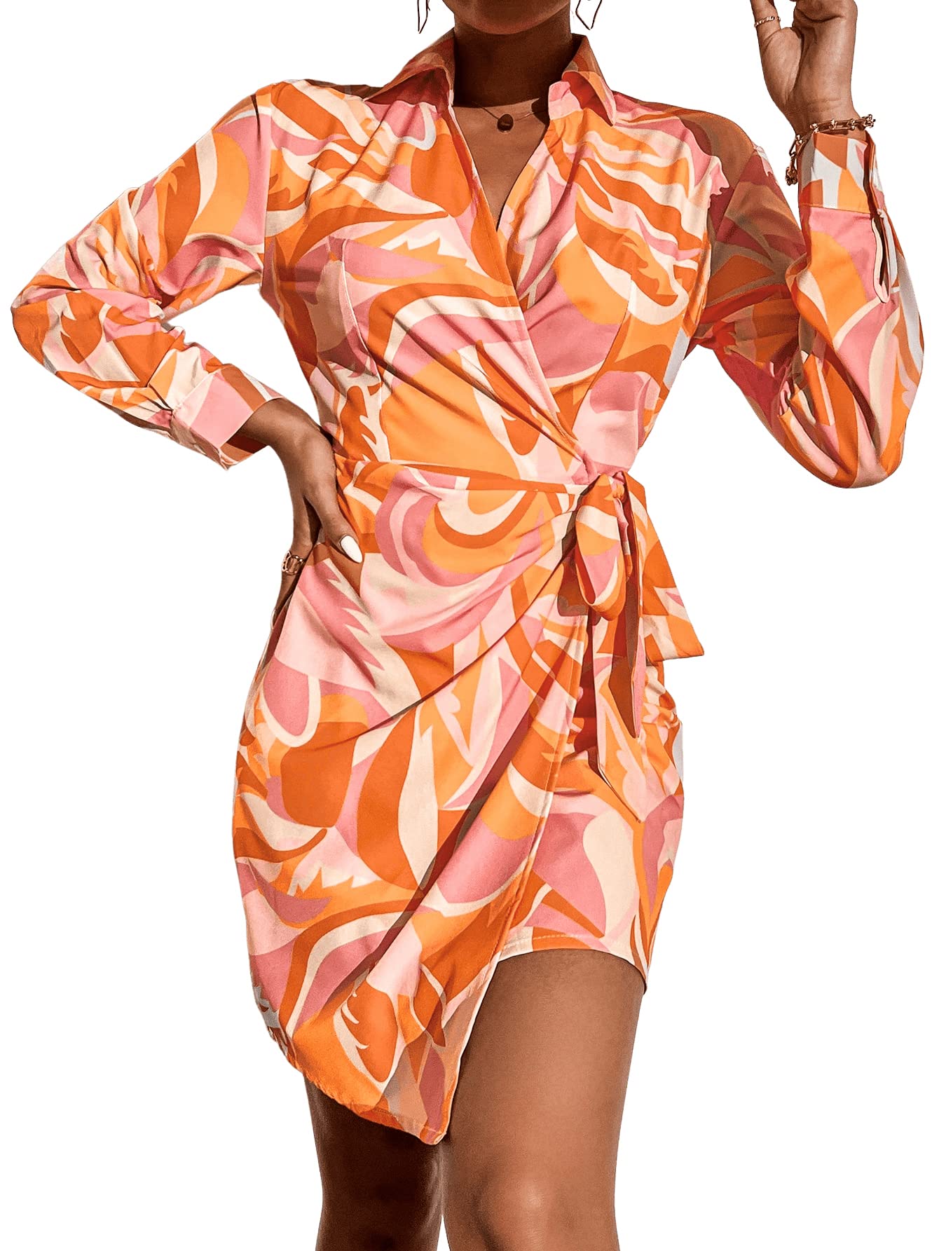 SweatyRocks Women's Casual Long Sleeve Printed Shirt Dress - Tie Front Wrap Mini Dresses for Spring Summer Outfits, Beach Cover Up, and Date Night Fashion