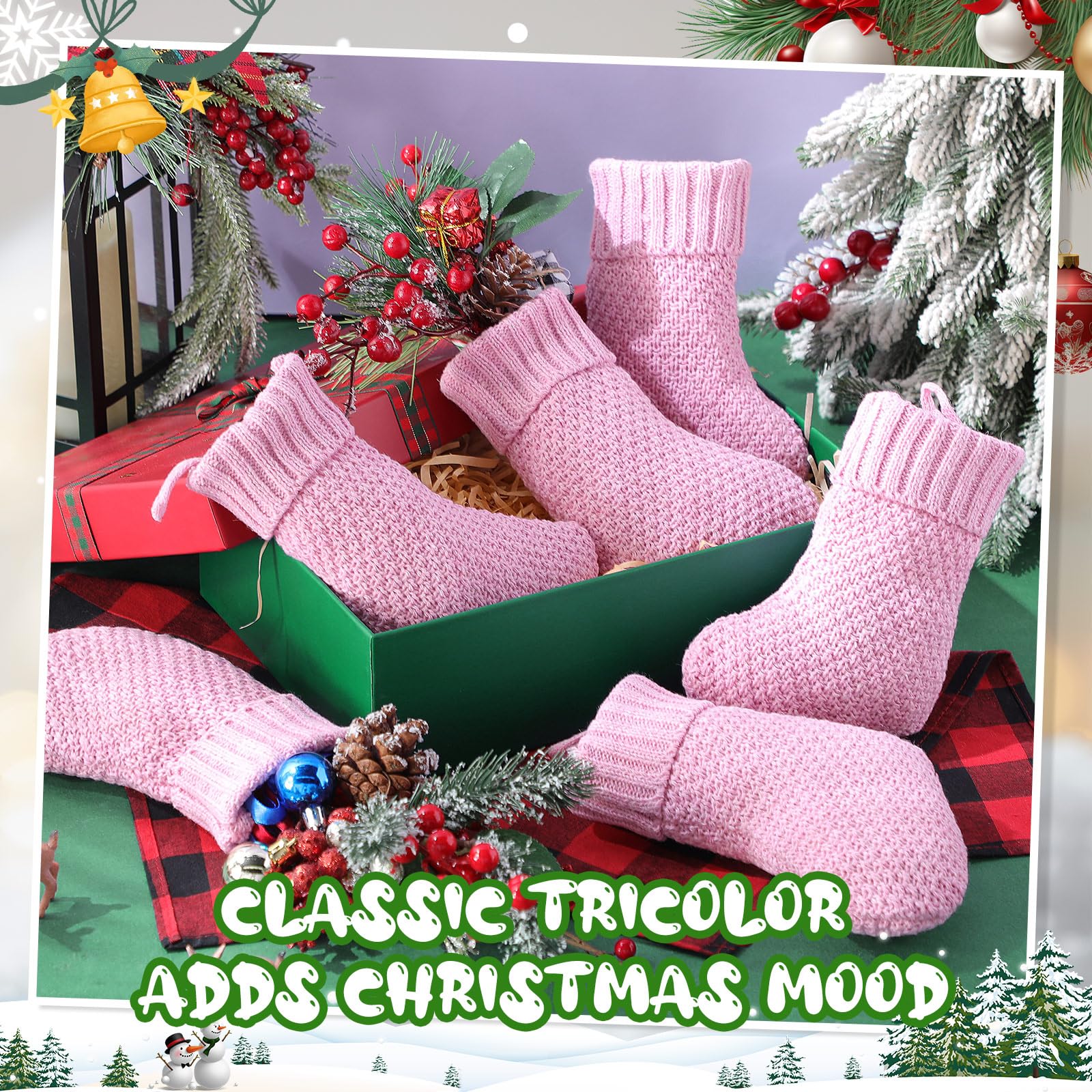 24 Pcs 7 Inch Knit Christmas Stockings - Rustic Farmhouse Cable Knit Mini Stocking Decorations for Xmas Tree Hanging, Gift Exchange & Holiday Party Decor (Pink) - Perfect for Fireplace Mantel, Staircase & Christmas Village Displays