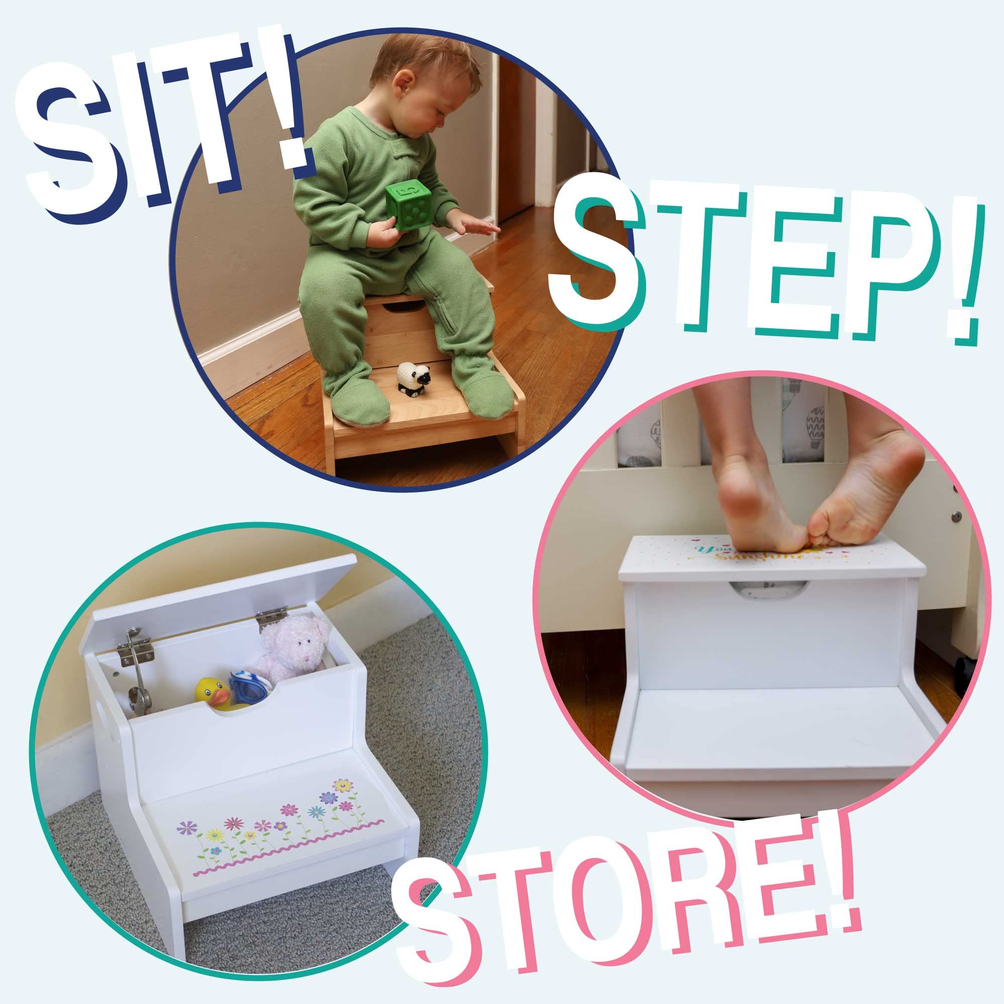 Foldable Train Step Stool with Storage - Kids Safety Step Ladder for Bathroom & Kitchen - Non-Slip Toddler Helper for Reaching Sink, Counter & Shelves