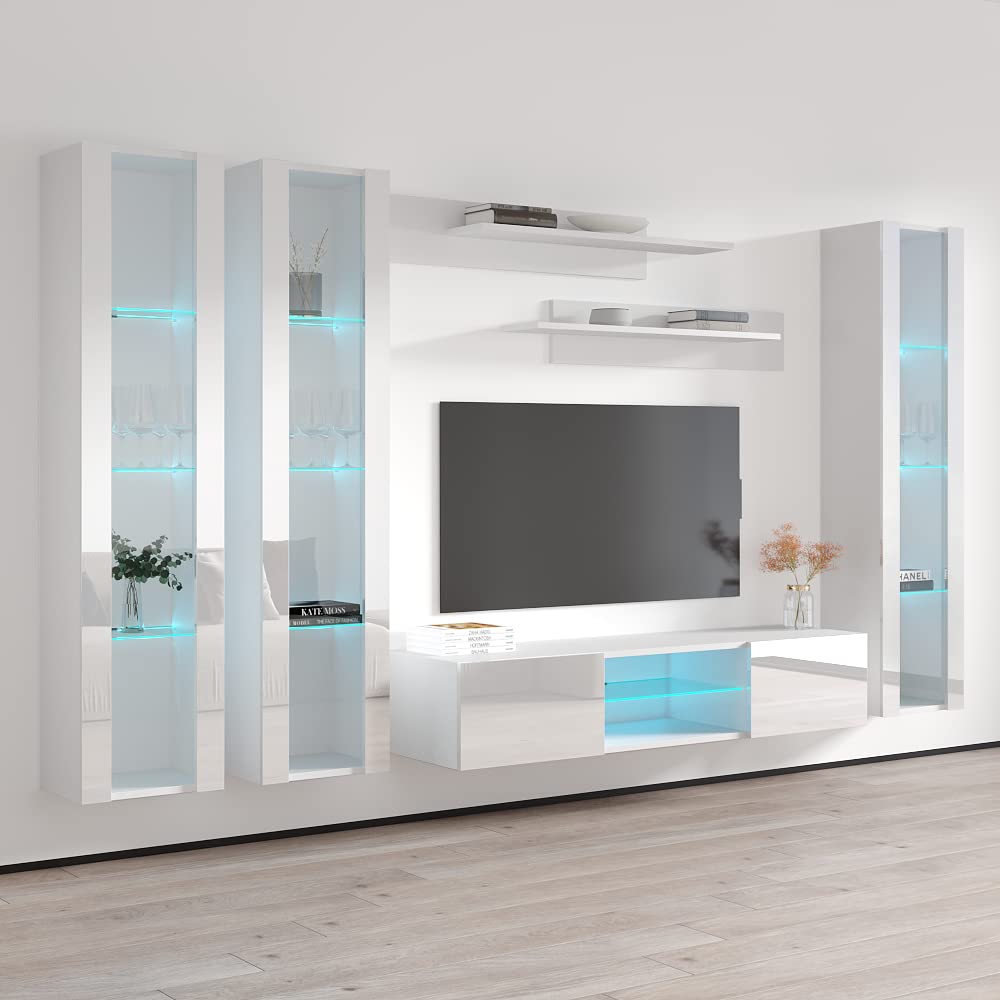 Modern Floating TV Stand with Storage & LED Lights - Wall-Mounted Entertainment Center Console for Bedroom & Living Room - White TV Cabinet with Shelves for Gaming & Home Theater Setup - Meble Furniture Fly CD2 33TV Stand