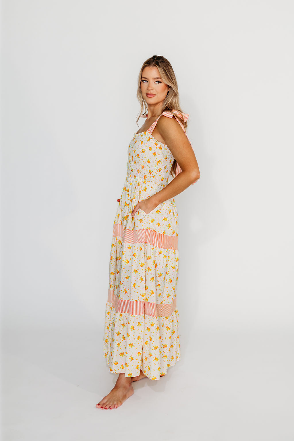 Vida Floral Maxi Dress for Women - Flowy Summer Beach Dress in White & Orange | Boho Chic Wedding Guest Dress, Vacation Dress, Tropical Party Outfit