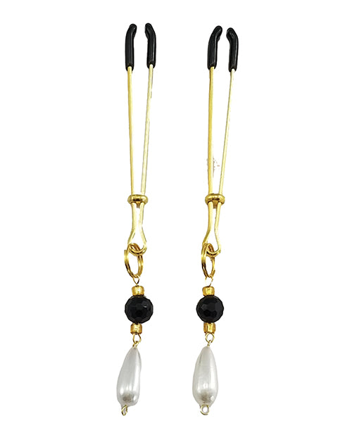 Black & Gold Beaded Nipple Clamp with Pearl - Sensual Jewelry for Couples Play, BDSM Accessories, and Intimate Wear - Perfect for Romantic Nights and Adult Playtime