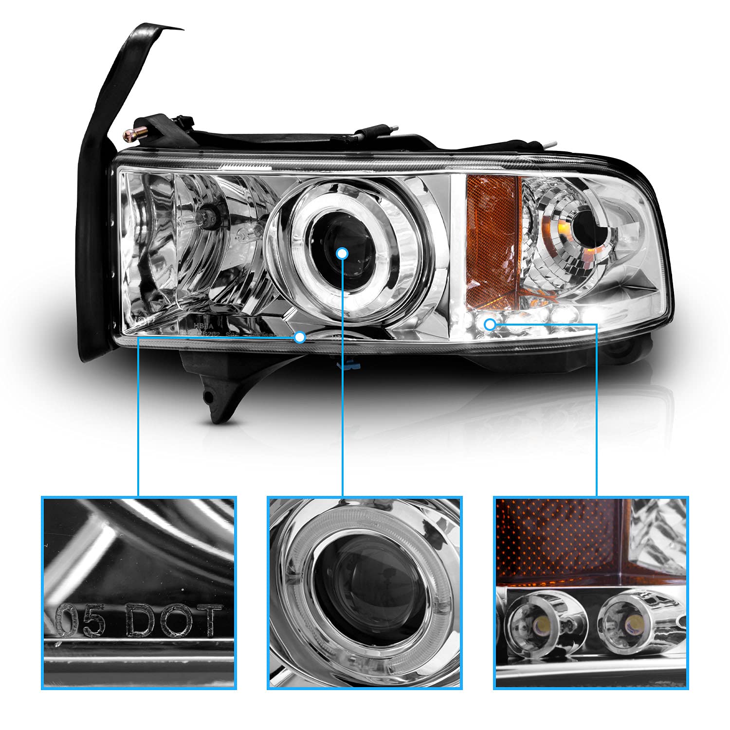 1994-2001 Dodge Ram 1500 2500 3500 Pickup Truck Black LED Halo Projector Headlights Assembly Set - Passenger & Driver Side Replacement for Improved Night Visibility | Off-Road Driving & Urban Commuting
