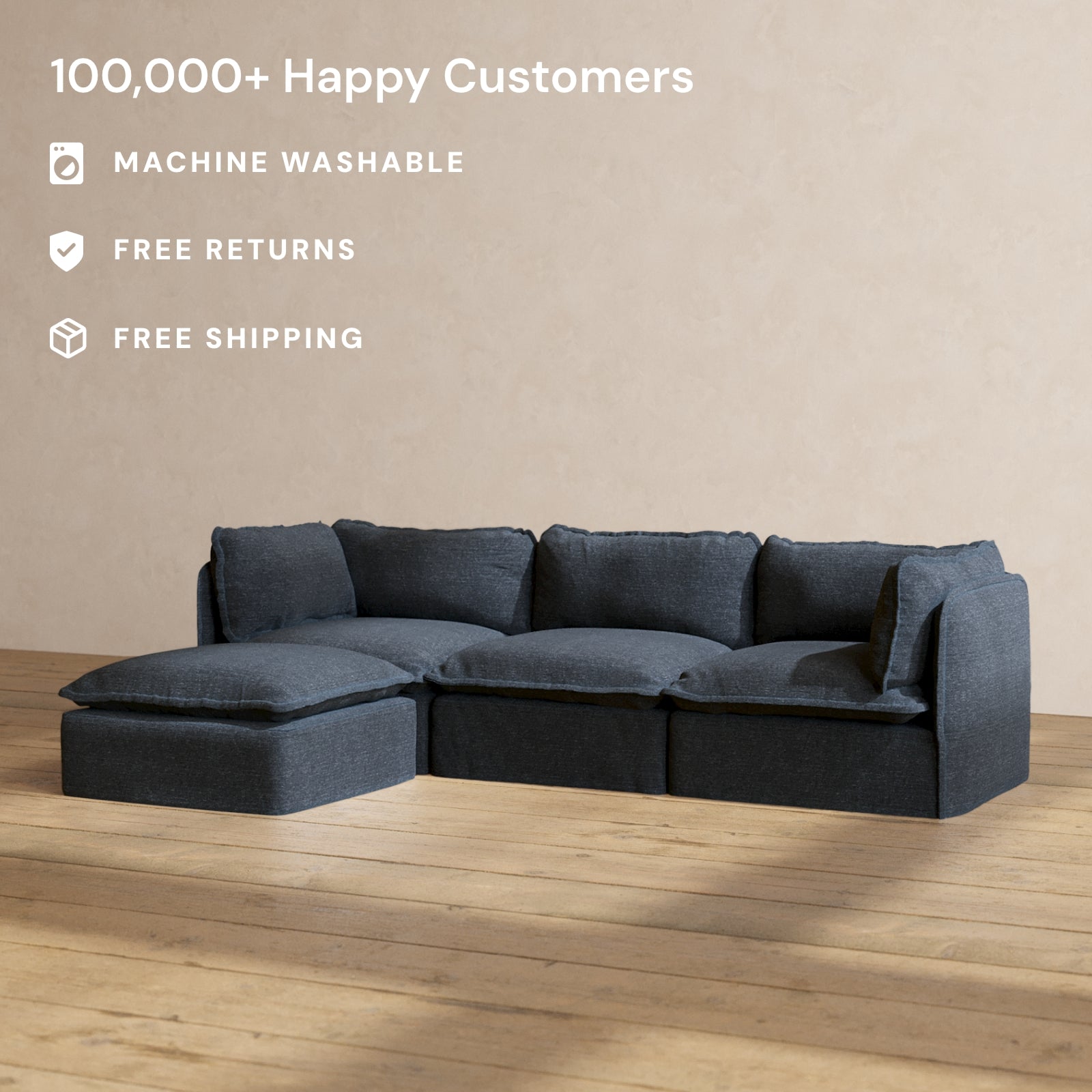 Modular Performance 3-Seater Sectional Sofa in Indigo Blue | Relaxed Blend Fabric | Perfect for Living Rooms, Family Rooms & Small Spaces