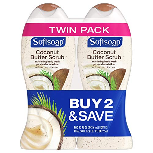 Softsoap Body Butter Coconut Scrub & Body Buff Wash - Moisturizing Exfoliating Shower Gel, 15 Oz (2-Pack) for Smooth Skin - Perfect for Dry Skin Care & Spa Day at Home