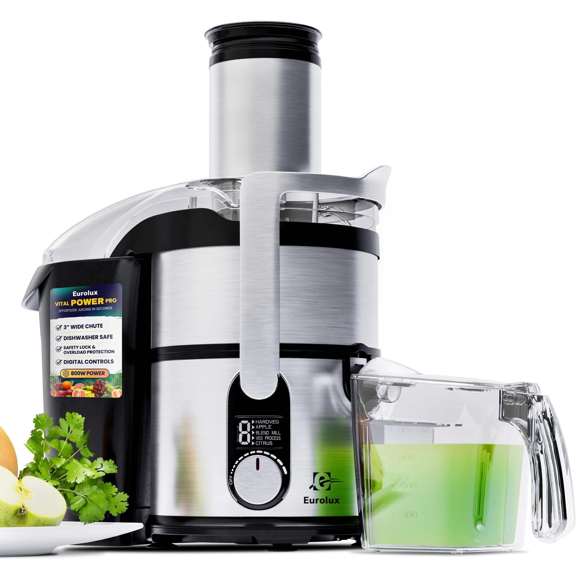 Eurolux 800W High-Speed Centrifugal Juicer - Professional Juice Extractor for Whole Fruits & Vegetables with 3