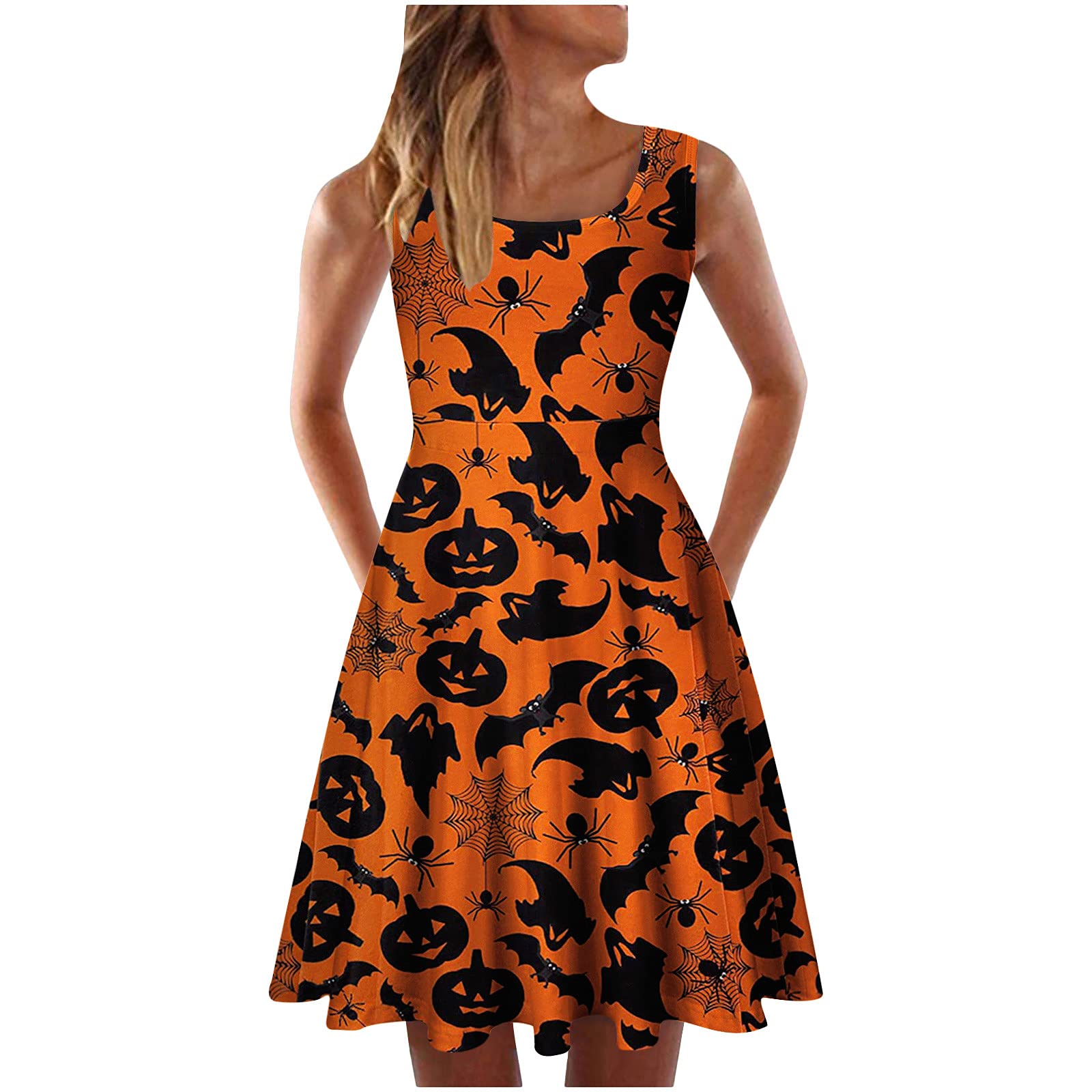 Women's Sleeveless Halloween Pumpkin Print Dress - Scoop Neck A-Line Midi Sundress for Summer, Party, Beach | Cute Fall Outfit for Halloween Costume, Casual Wear