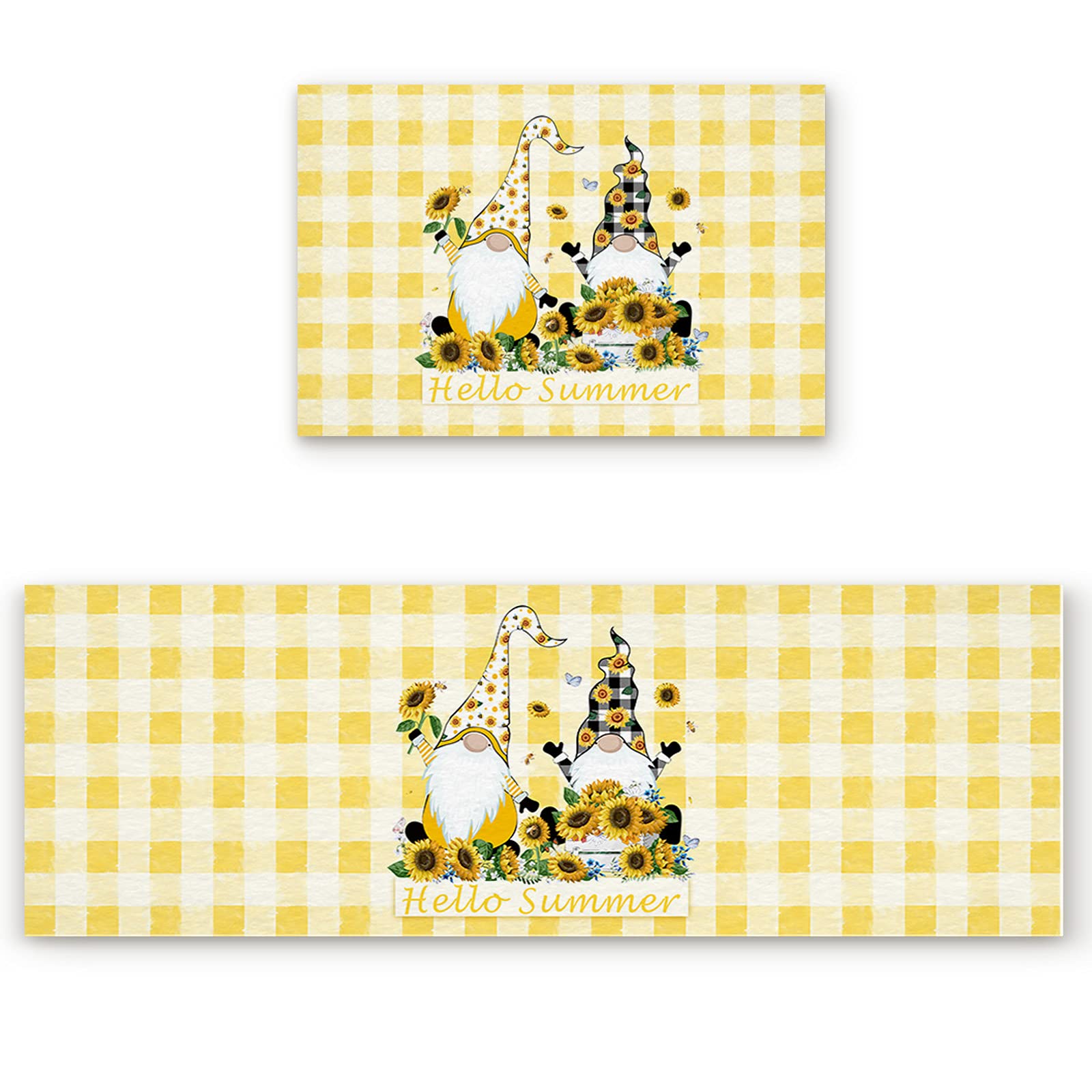 Victories Non-Slip Kitchen Rug Pad Set - 2 Piece Cushioned Doormat with Sunflower Gnomes & Buffalo Plaid Design, Yellow Floor Mat for Kitchen, Living Room, Bedroom | Perfect for Home Decor, Entryway & High Traffic Areas