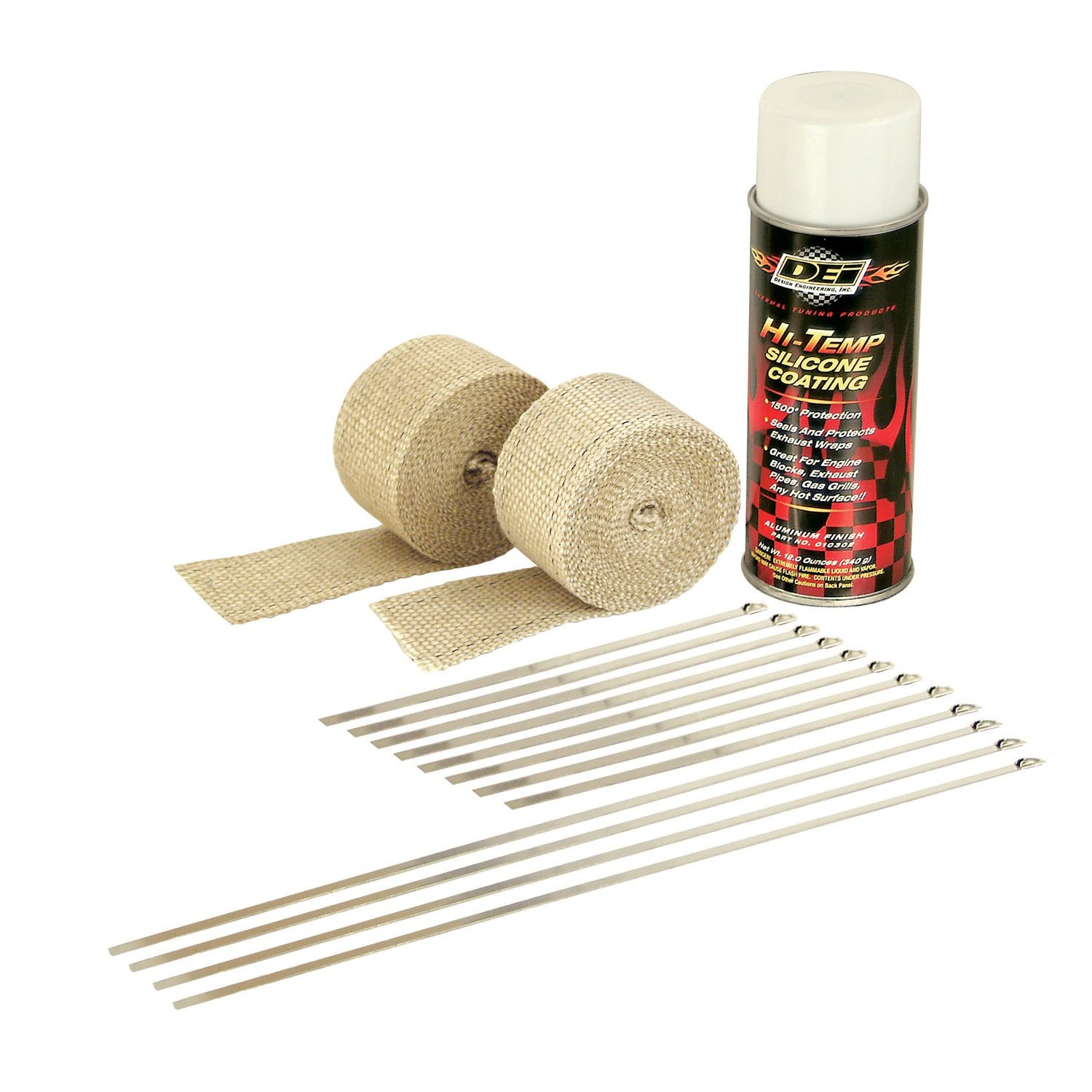 DEI 010332 High-Temperature Motorcycle Exhaust Pipe Wrap Kit with Heat-Resistant Silicone Coating Spray (Tan Wrap & White Spray) - Reduce Heat & Improve Performance for Cruisers, Dirt Bikes & ATVs