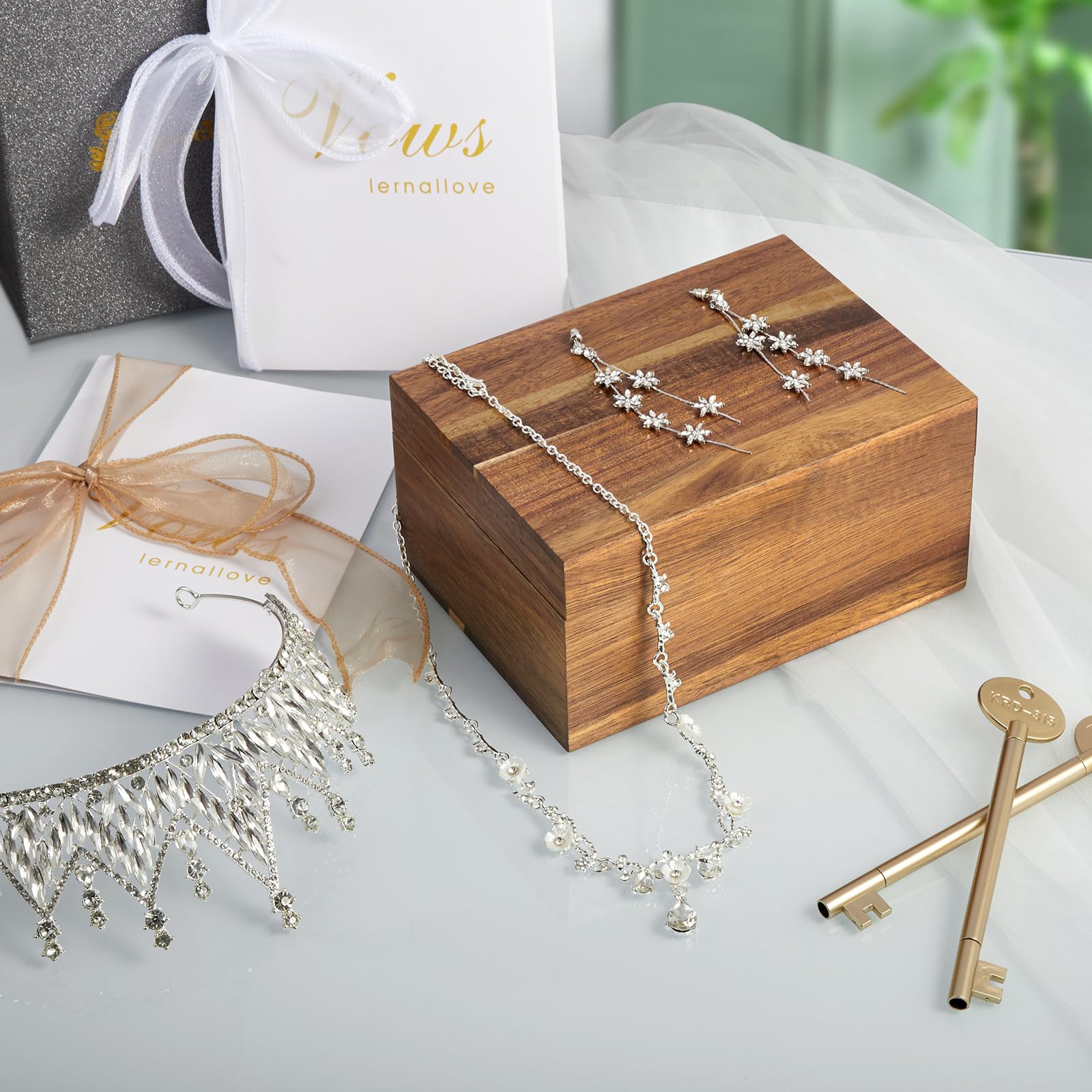 Acacia Wood Keepsake Box - Jewelry & Memory Storage for Bridal Gifts & Cards